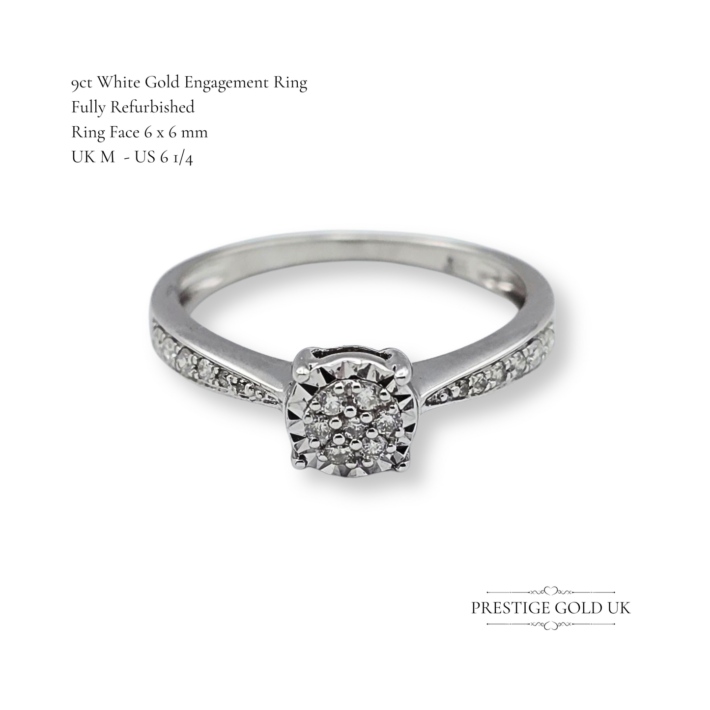 9ct White Gold Diamond Engagement Ring, illusion Set Diamonds UK M - US 6 1/4