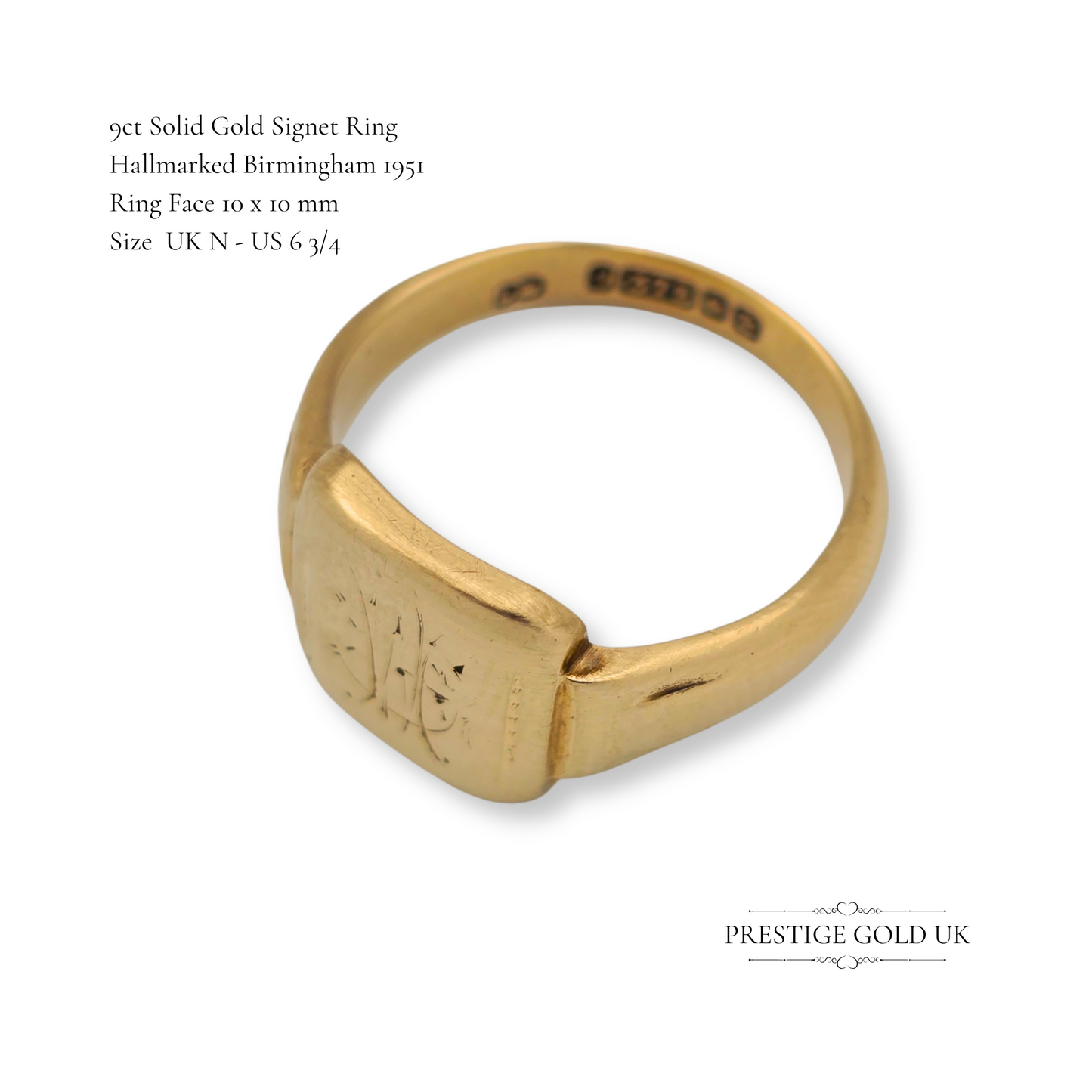 9ct Gold Hand Engraved Signet Ring, Birmingham 1951, UK N - US 6 3/4