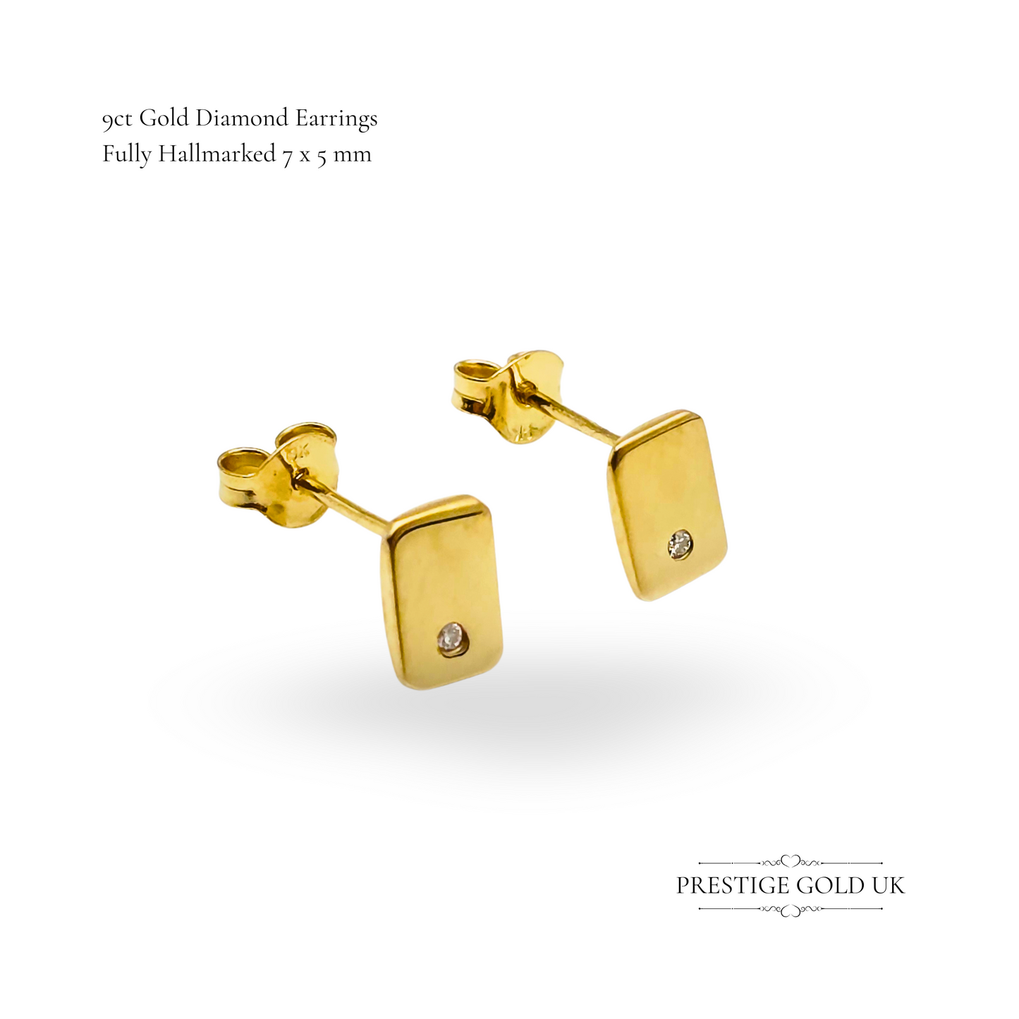 9ct Gold Small Diamond Stud Earrings, Rectangle Shape, Fully British Hallmarked
