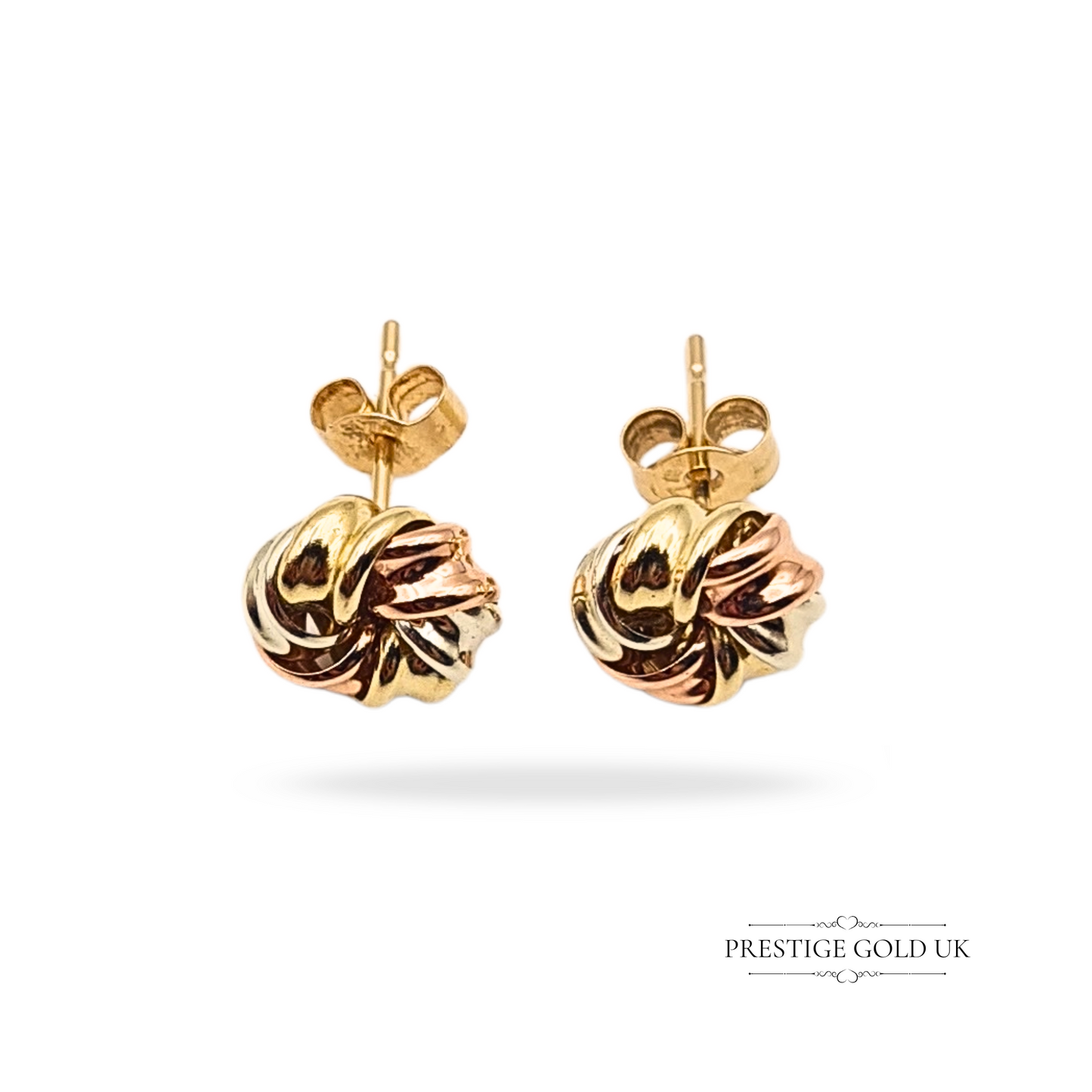 9ct Gold Round Flower Stud Earrings, Yellow, white and Rose Gold Twist Design