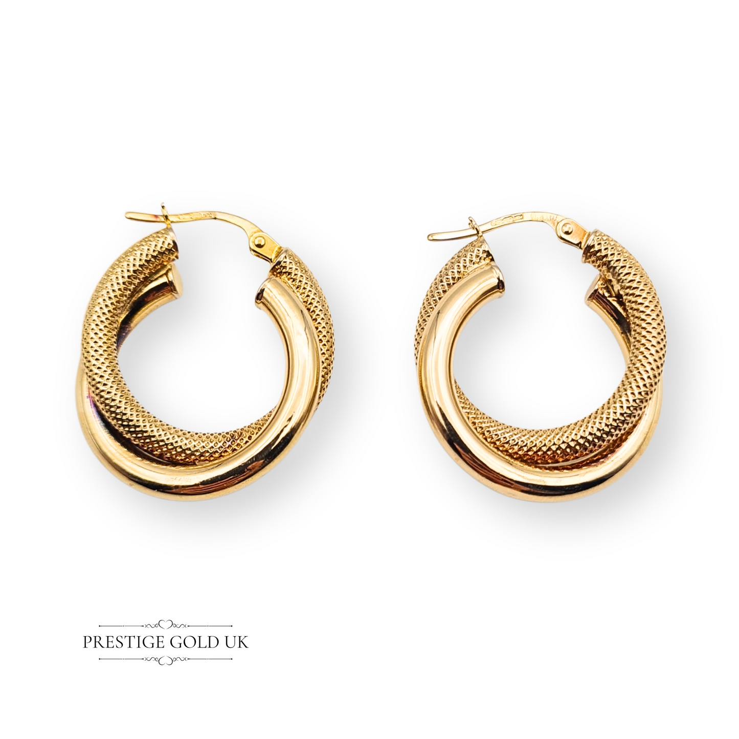 9ct Gold Interlocking Hoop Earrings, Textured & Smooth Finish, Hollow Flip Tops