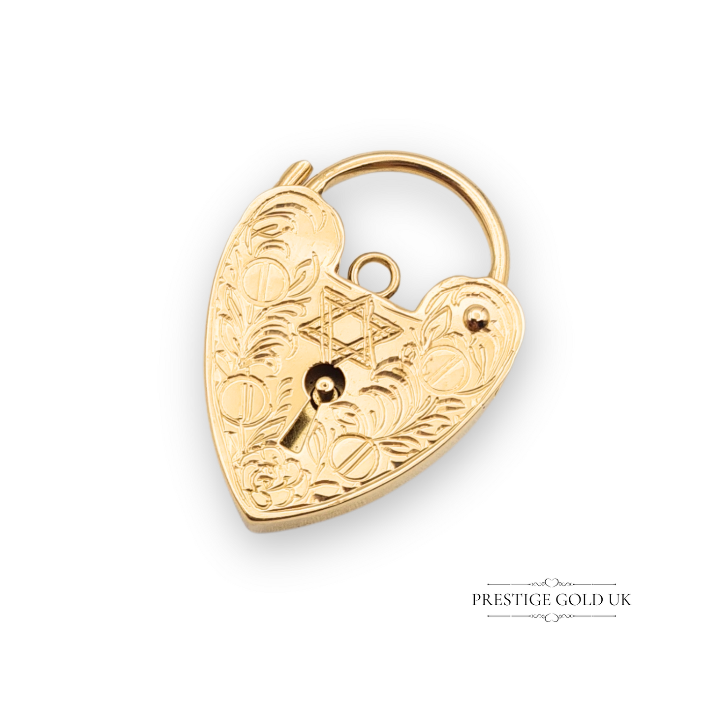 9ct Rose Gold Star of David Hand Engraved Floral Heart Padlock