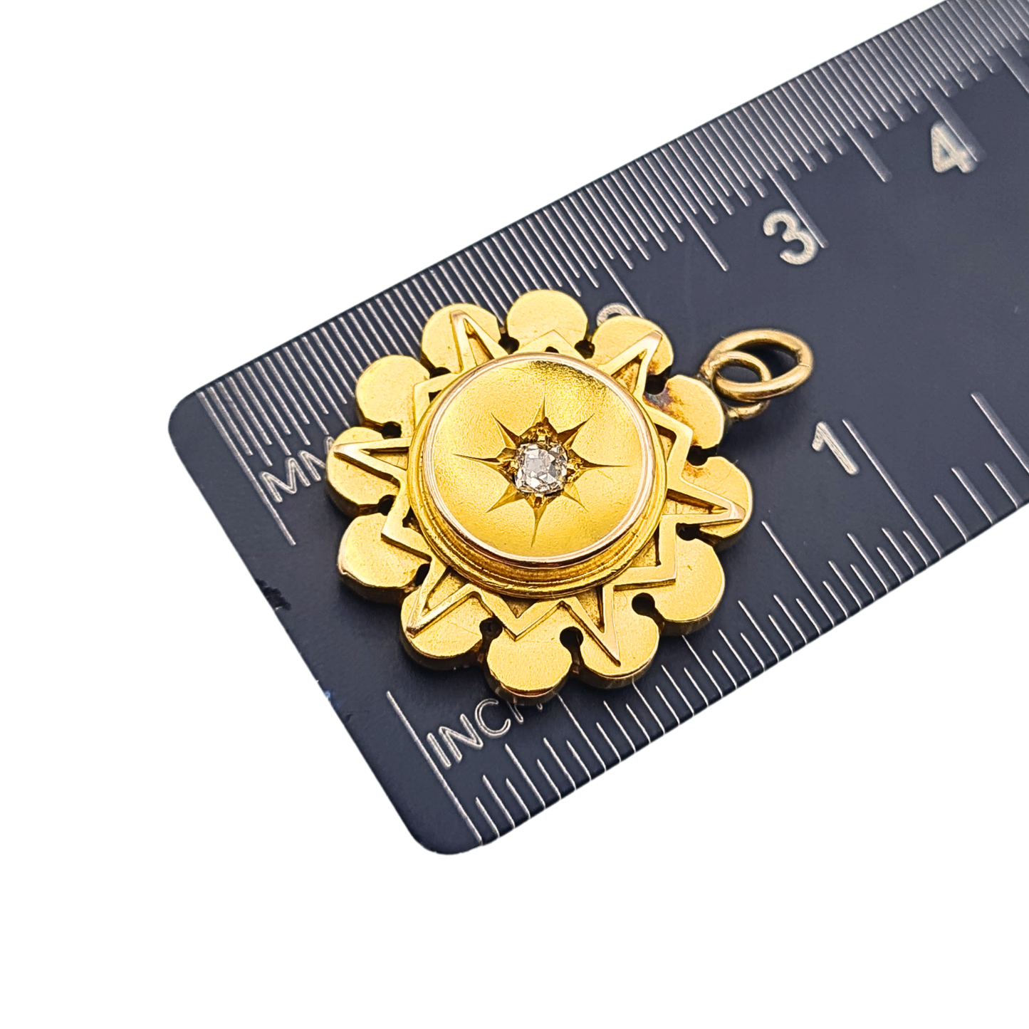 9ct Gold Antique Diamond Pendant Round Starburst Design