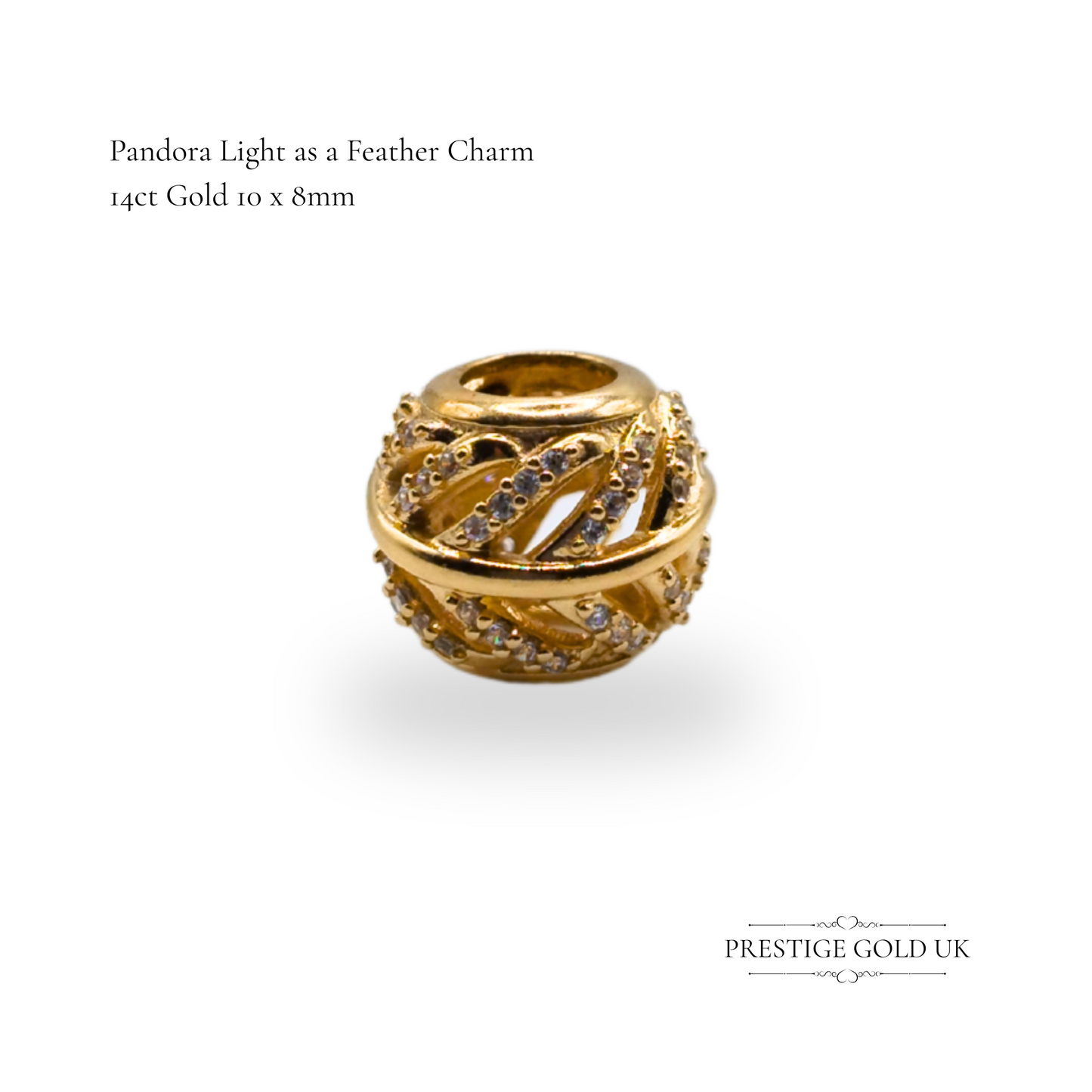 Authentic Pandora 14ct Gold Feather Charm Bead- CZ Accents, G585 ALE 750831cz