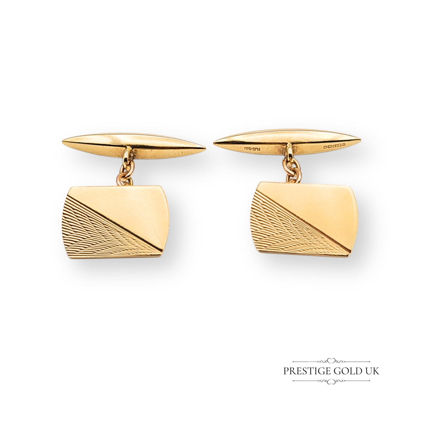 Vintage 9ct gold gents cufflinks, London 1991 hallmark, weighing 3.6g with 15x10mm rectangular faces featuring a fine etched geometric design, classic chain link backs with torpedo ends, polished and in excellent condition.