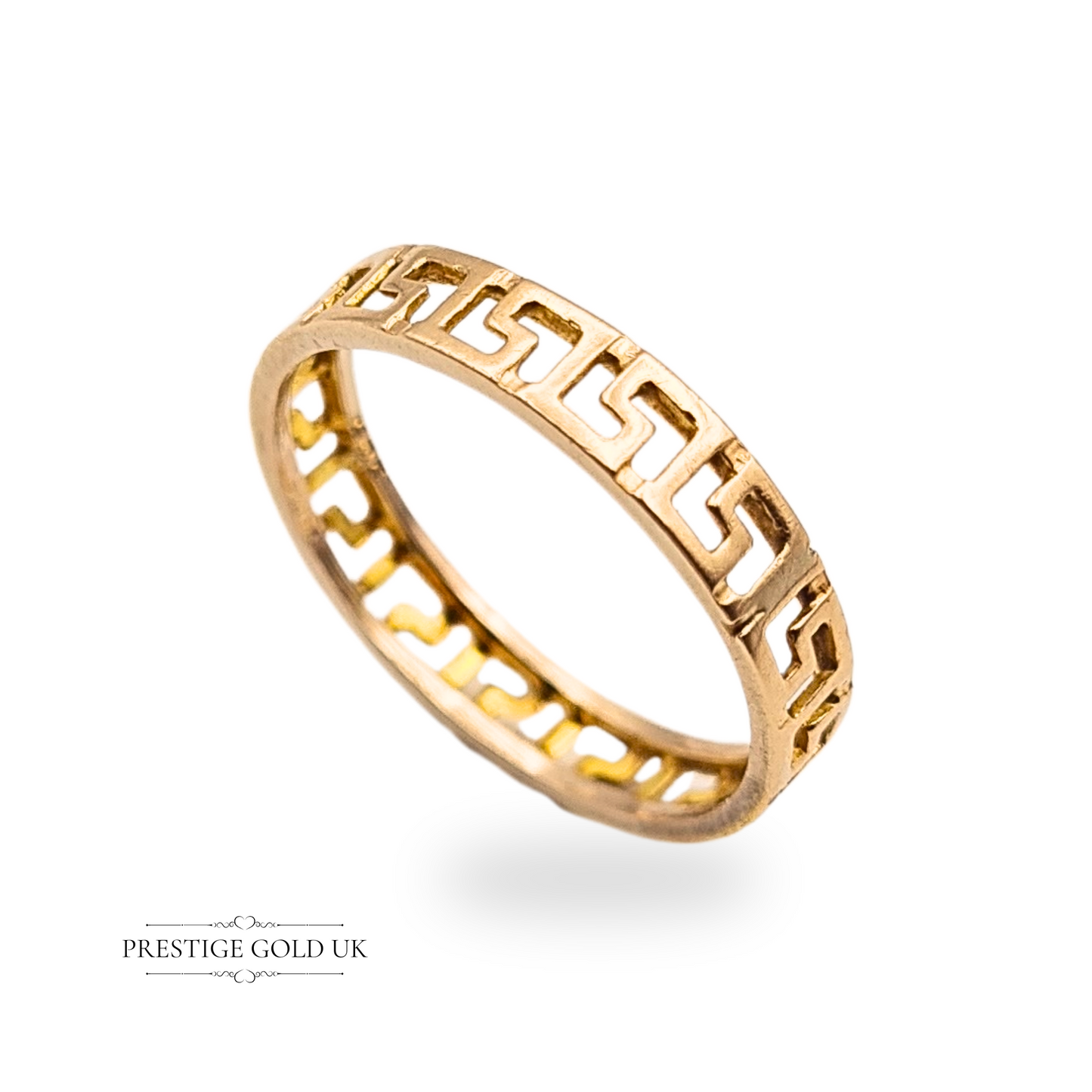 Lightweight 10ct gold Greek key ring featuring a 3mm wide openwork band with continuous geometric cutout pattern, UK size I, US 4 1/4, fully tested gold, ideal as a pinky or stacking ring with a bold, classical motif.
