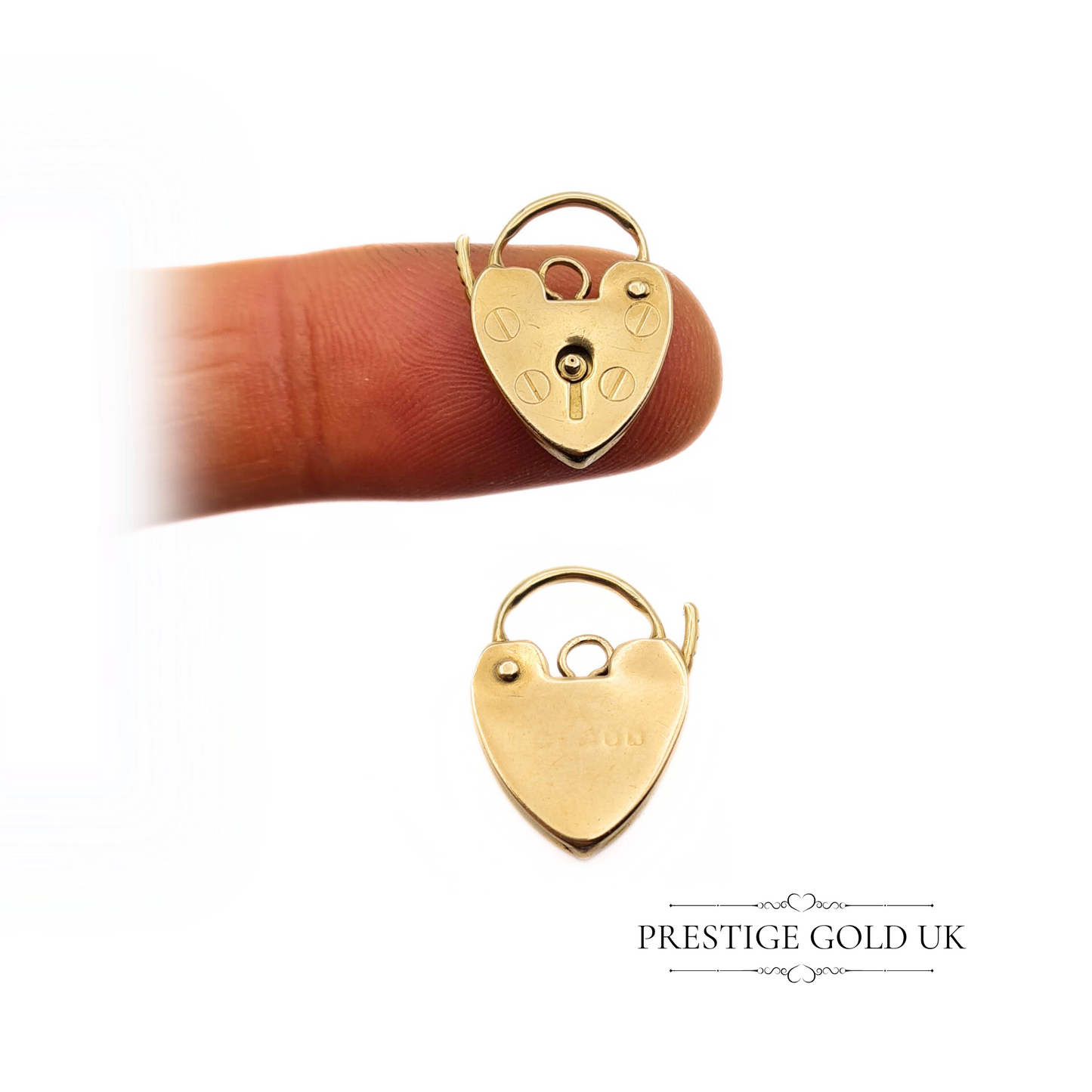 A vintage 9ct yellow gold heart-shaped padlock charm, measuring 18x12mm, featuring a petite design with worn hallmarks and a hallmark from London 1991.