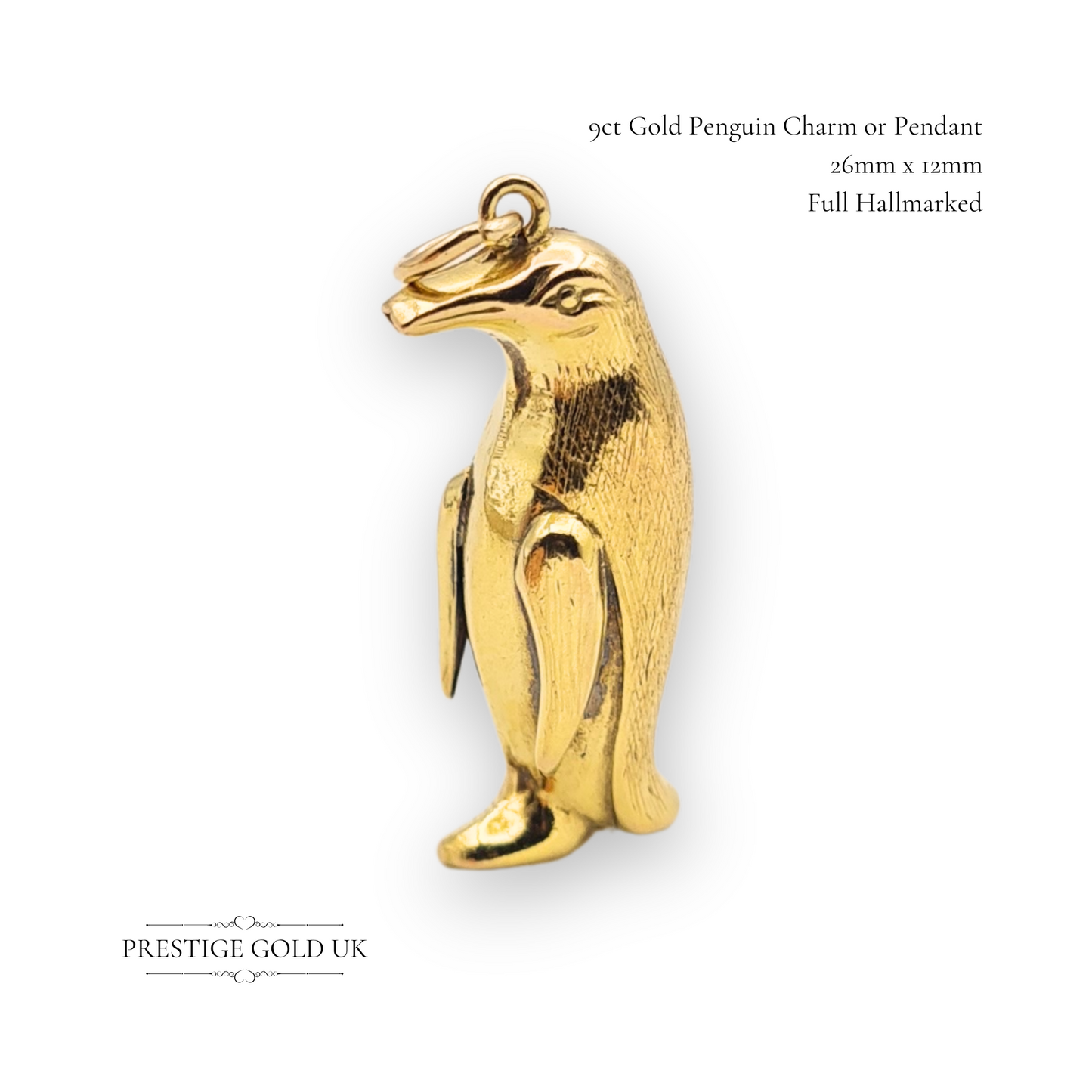 9ct Gold Large Detailed Penguin Charm, Hollow Vintage Standing Penguin Pendant