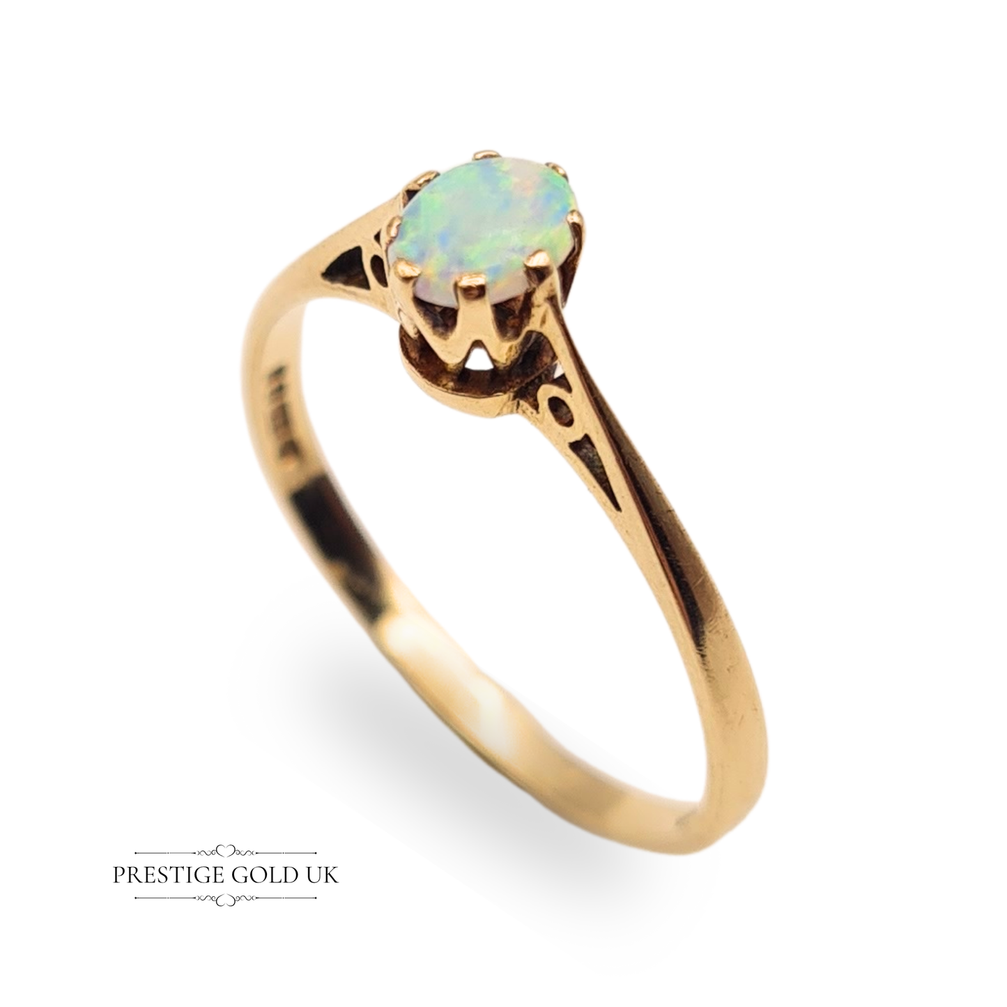Dainty vintage 9ct yellow gold solitaire ring featuring a 5x5mm oval white opal in a claw setting, hallmarked London 1988, UK size L 1/2 / US size 6, lightweight and elegant