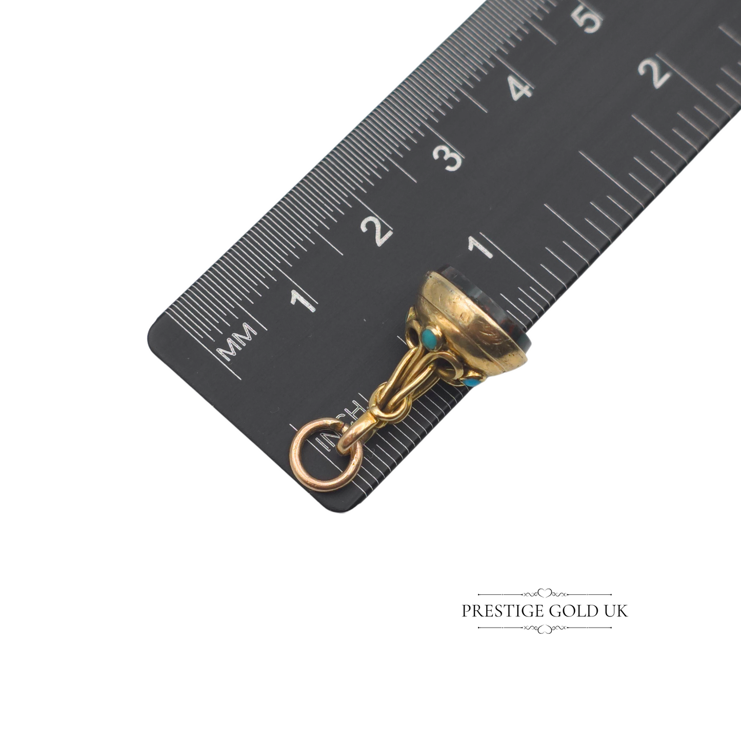 Antique 9ct Gold Bloodstone Fob Pendant with Turquoise Inlay