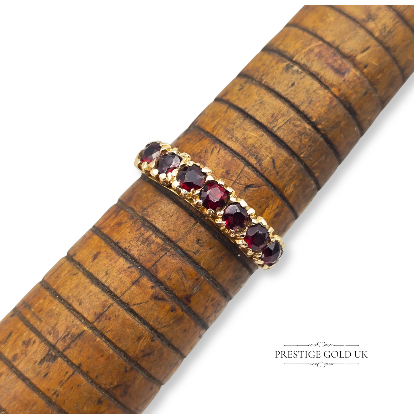9ct Gold Garnet Half Eternity Ring, Set with Seven Stones Size UK P - US 7 1/2