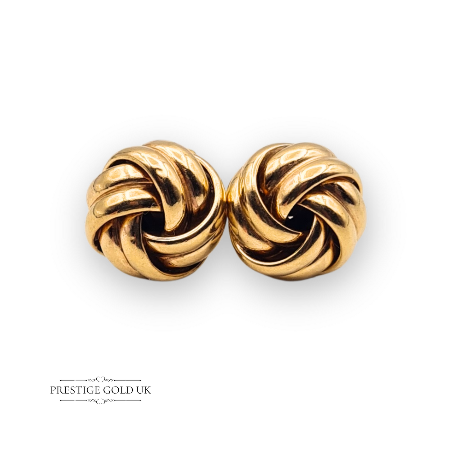 Large Gold Woolmark Stud Earrings, Large Lovers Knot Celtic Knot Ladies Studs