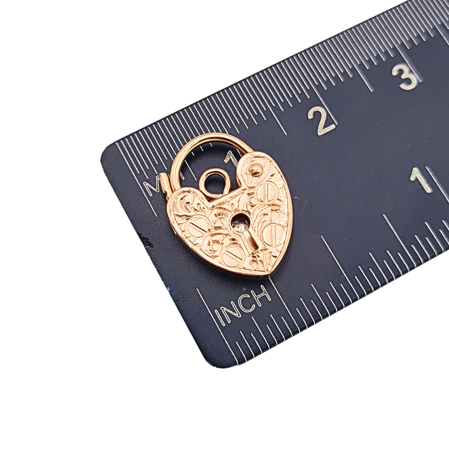 Tiny 9ct Rose Gold Heart Padlock 17mm Fully Hallmarked Engraved Leaf Clasp