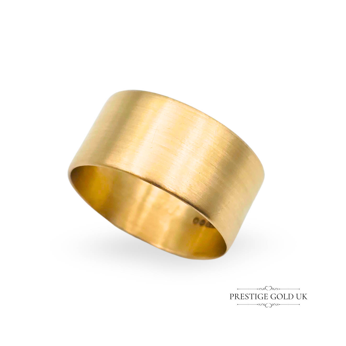 Vintage 9ct gold wide band ring with satin brushed finish, hallmarked London 1967, 10mm wide, UK X½ / US 11¾ size, solid gold comfort fit design