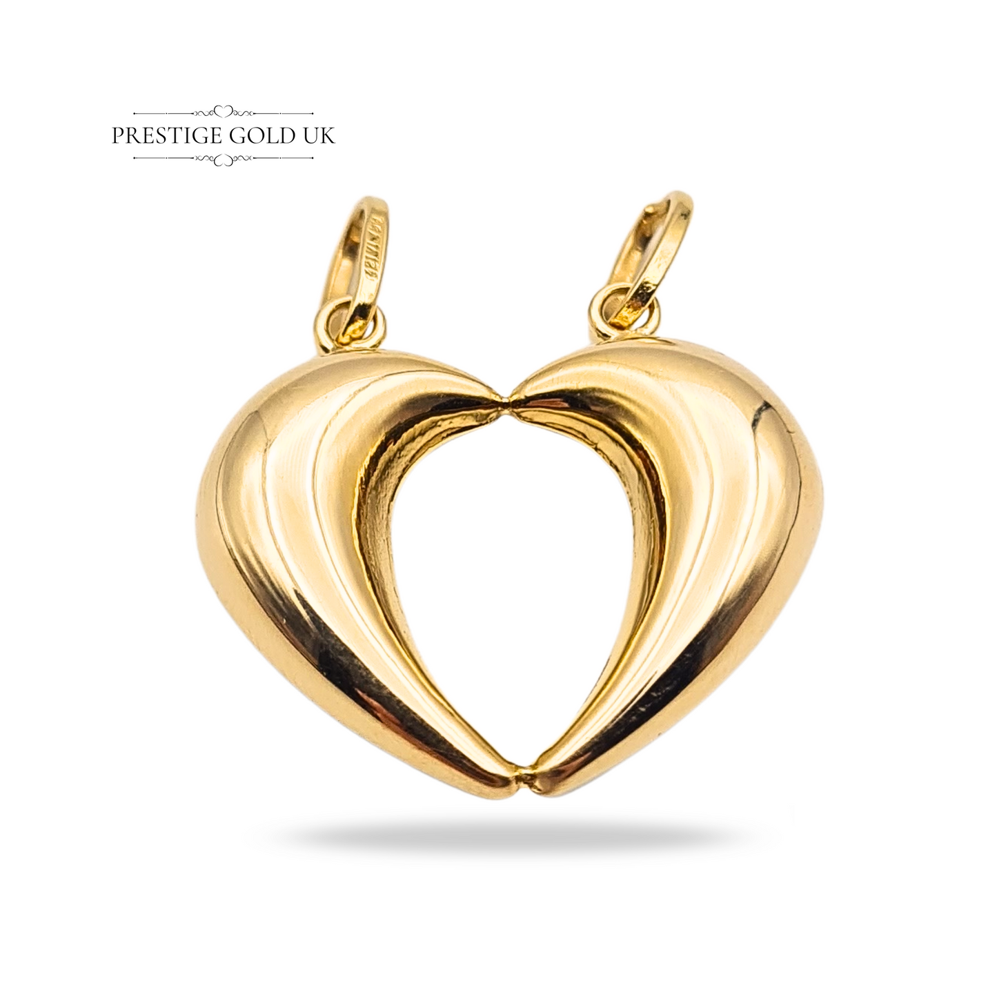 18ct gold split pendant in two tone yellow and white gold, stamped 750 and fully tested, weighing 3.1g with a 21x23mm hollow design. A symbolic split heart charm, perfect as a best friend keepsake or meaningful gold gift.