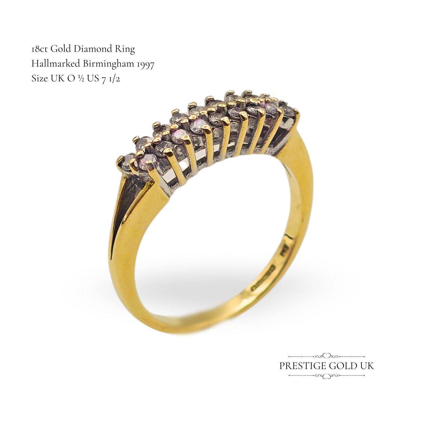 18ct Gold & Diamond Twin Row Ring - Paved Diamond Split Ring Size UK O 1/2 - US 7 1/2