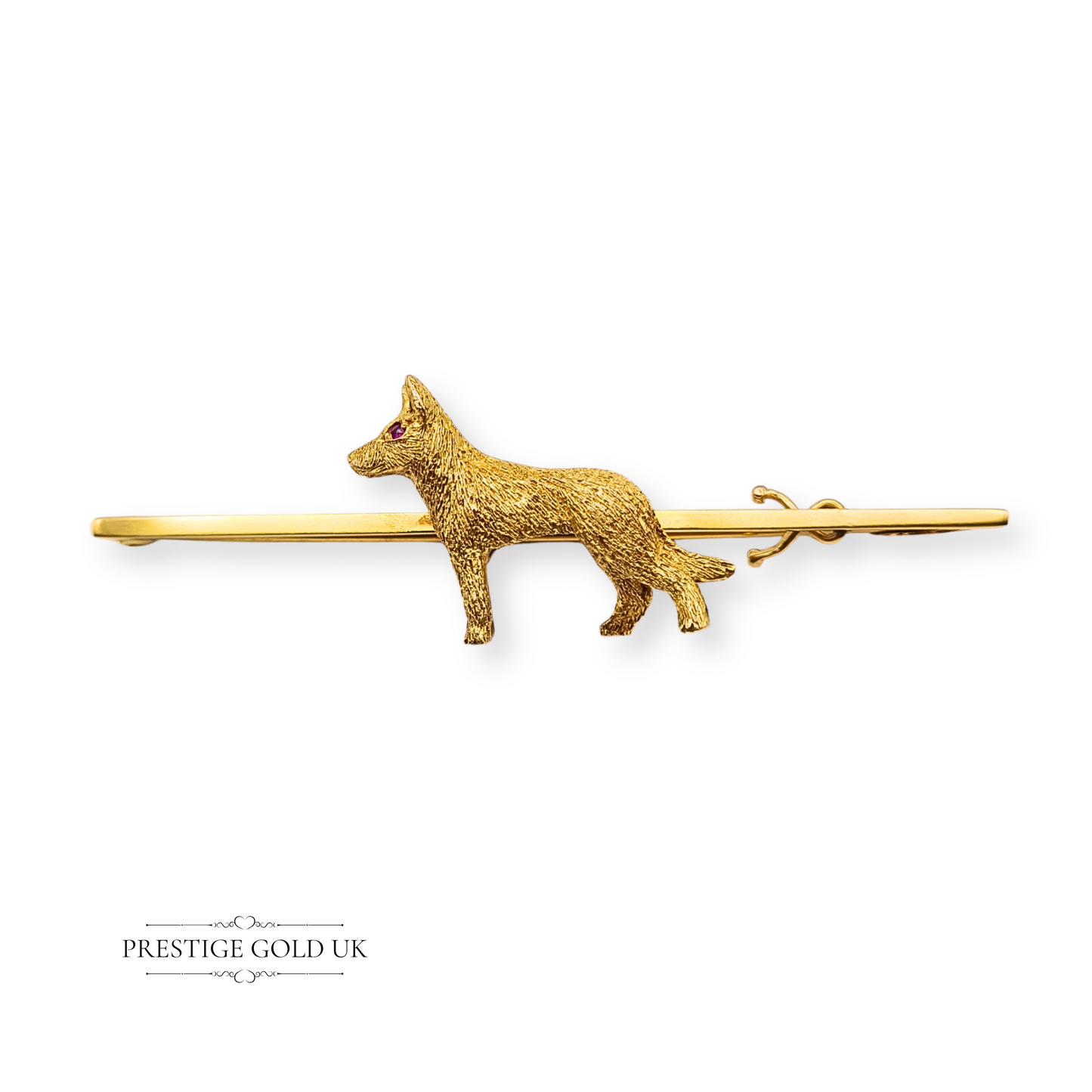Large 9ct Gold Alsatian Brooch, Heavy Solid Cast Gold Dog With Red Stone Eye