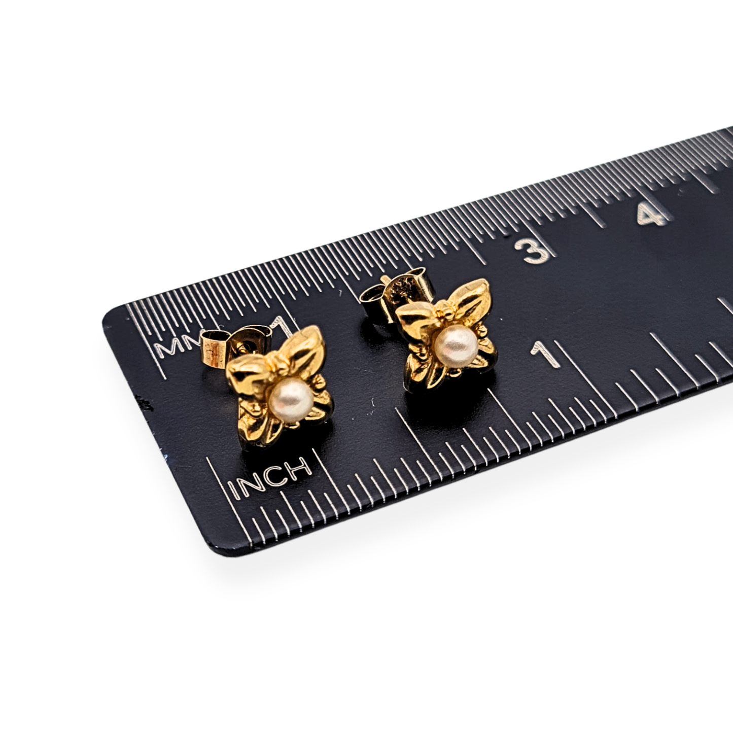 Tiny 9ct Gold Pearl Flower Stud Earrings, Dainty Gold Earrings