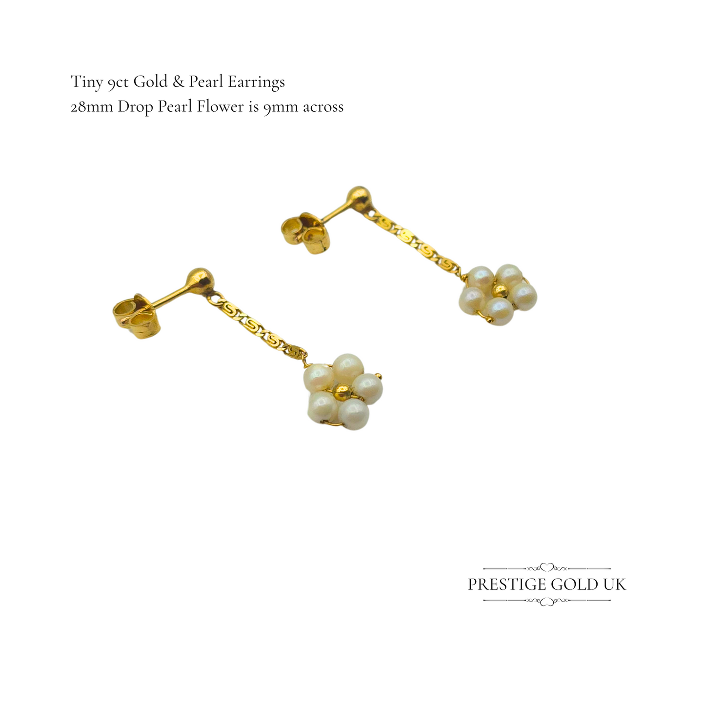 Tiny 9ct Gold Pearl Drop Earrings, Floral Cluster Design, Dainty Drops