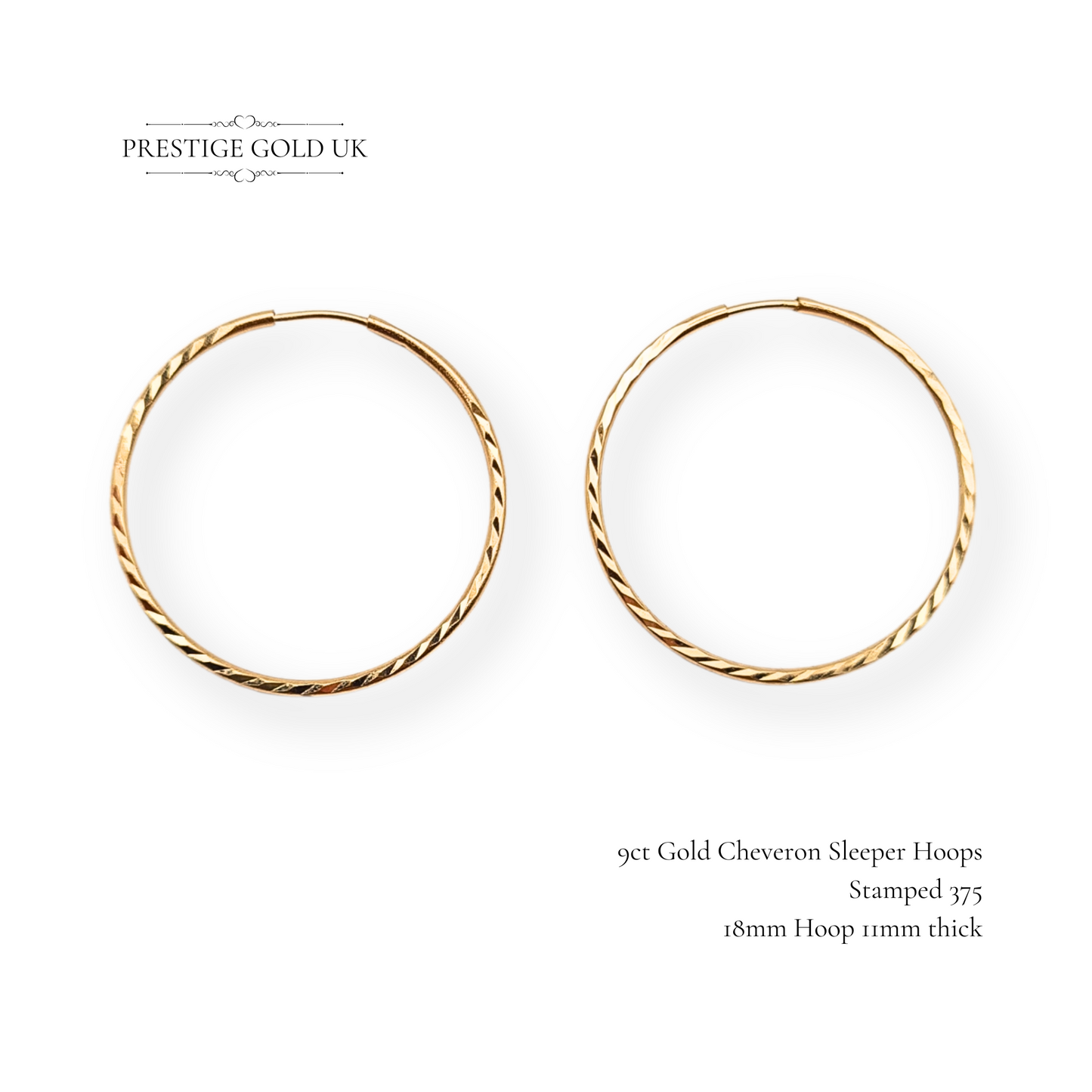 9ct Gold Hoop Earrings, Chevron Pattern Dainty Ladies Sleeper Hoops