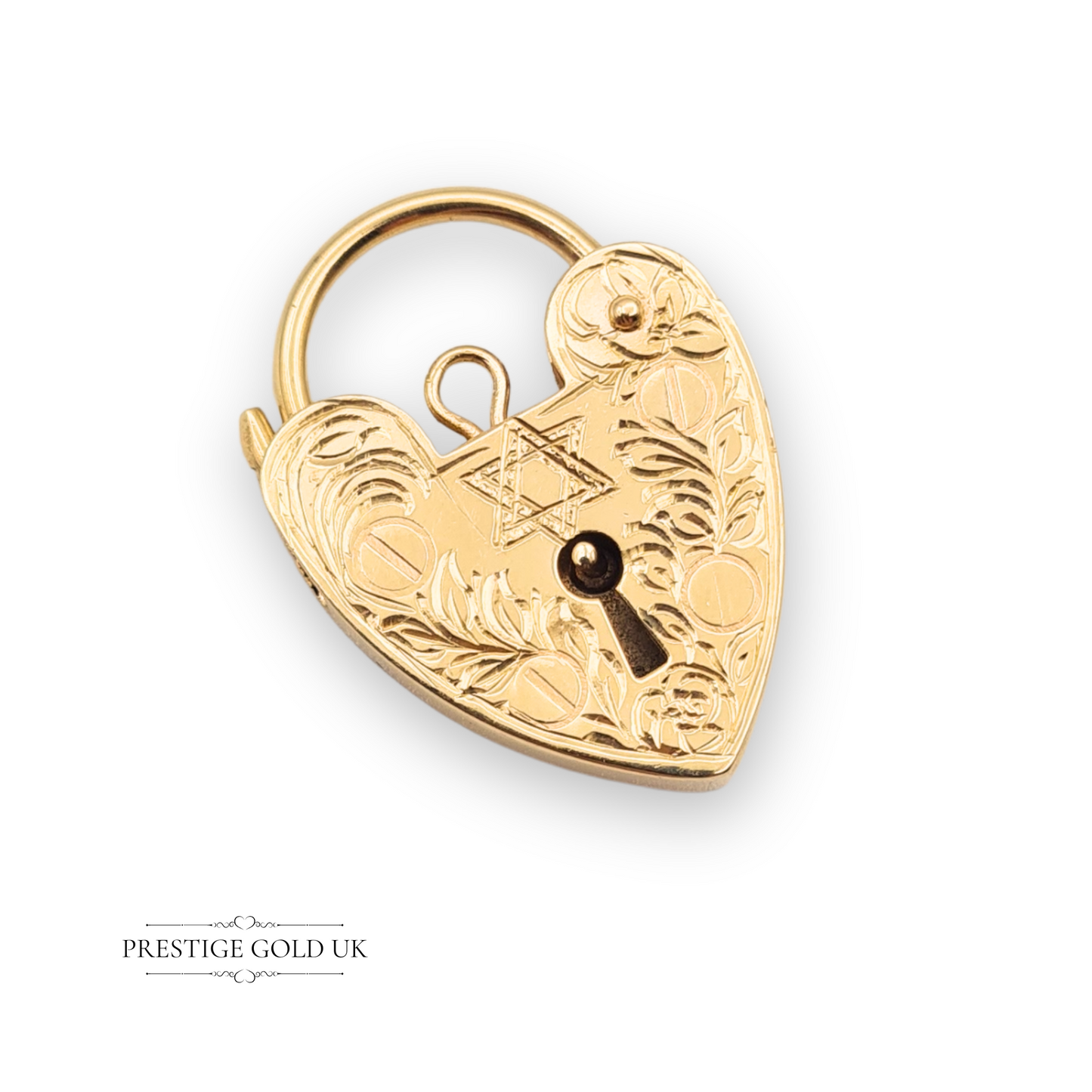 Vintage 9ct yellow gold heart padlock with hand-engraved Star of David, 25mm x 18mm, fully hallmarked London 1976, 3.2g, floral scroll details and secure clasp