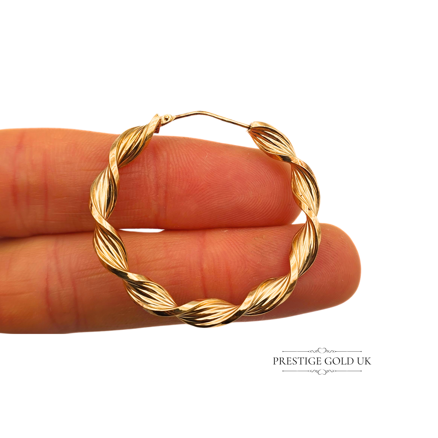 Large Vintage 9ct Gold Twisted Hoop Earrings, 40mm Hollow Hoops, Stamped 375, Flip Top Clasp, 5mm Wide Lightweight Statement Earrings,