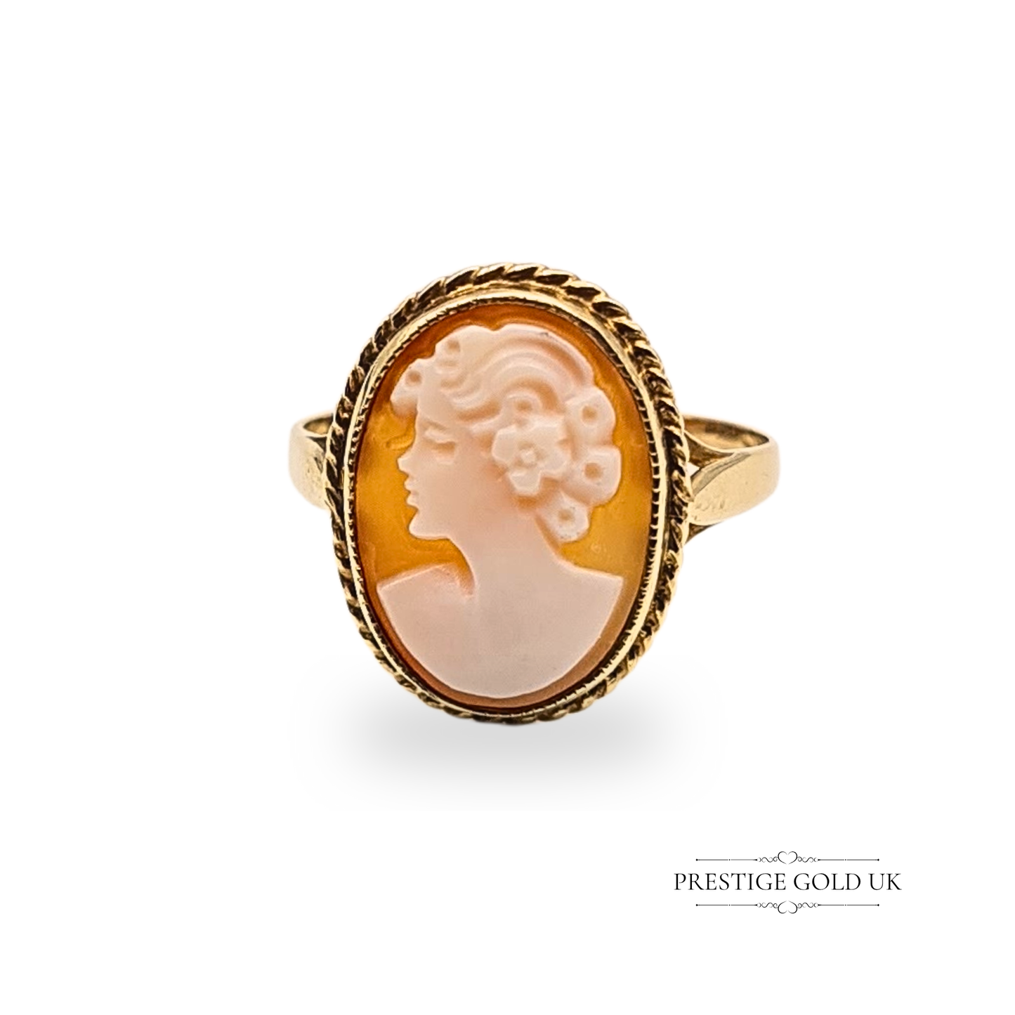 Vintage 9ct Gold Cameo Ring, Hand Carved Shell Female Portrait, Size UK N / US 7