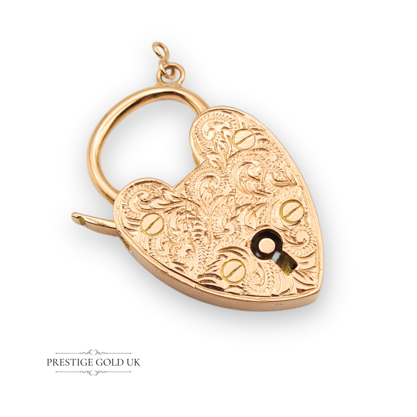 ALT Tag:
Antique 9ct rose gold heart padlock charm with floral engraving, large 30mm design, 6.0g in weight, with secure clasp and vintage scrollwork detailing