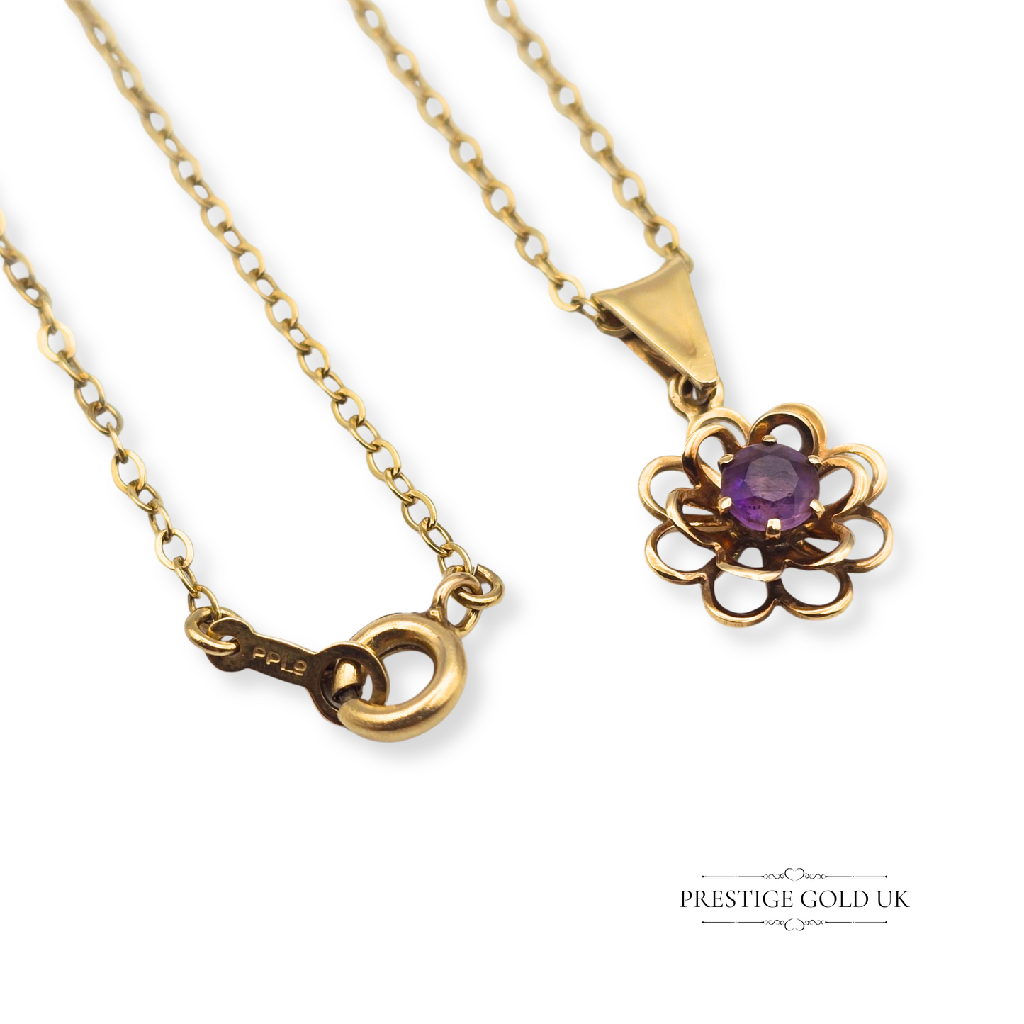 9ct Gold Floral Amethyst Pendant Necklace 18" Chain