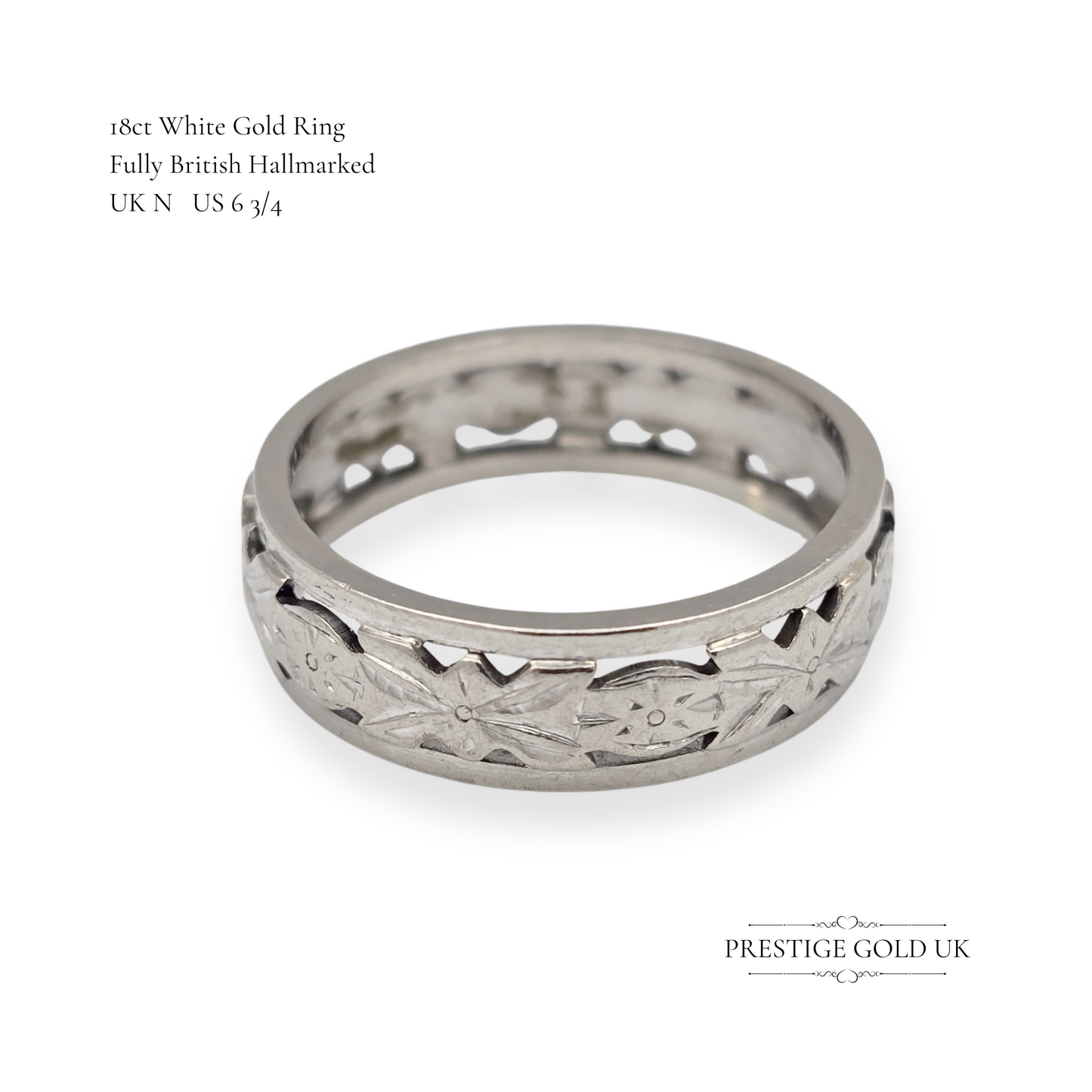 18ct White Gold Floral Hollow Ring, Fully Hallmarked London 1957, Size UK N US 6 3/4