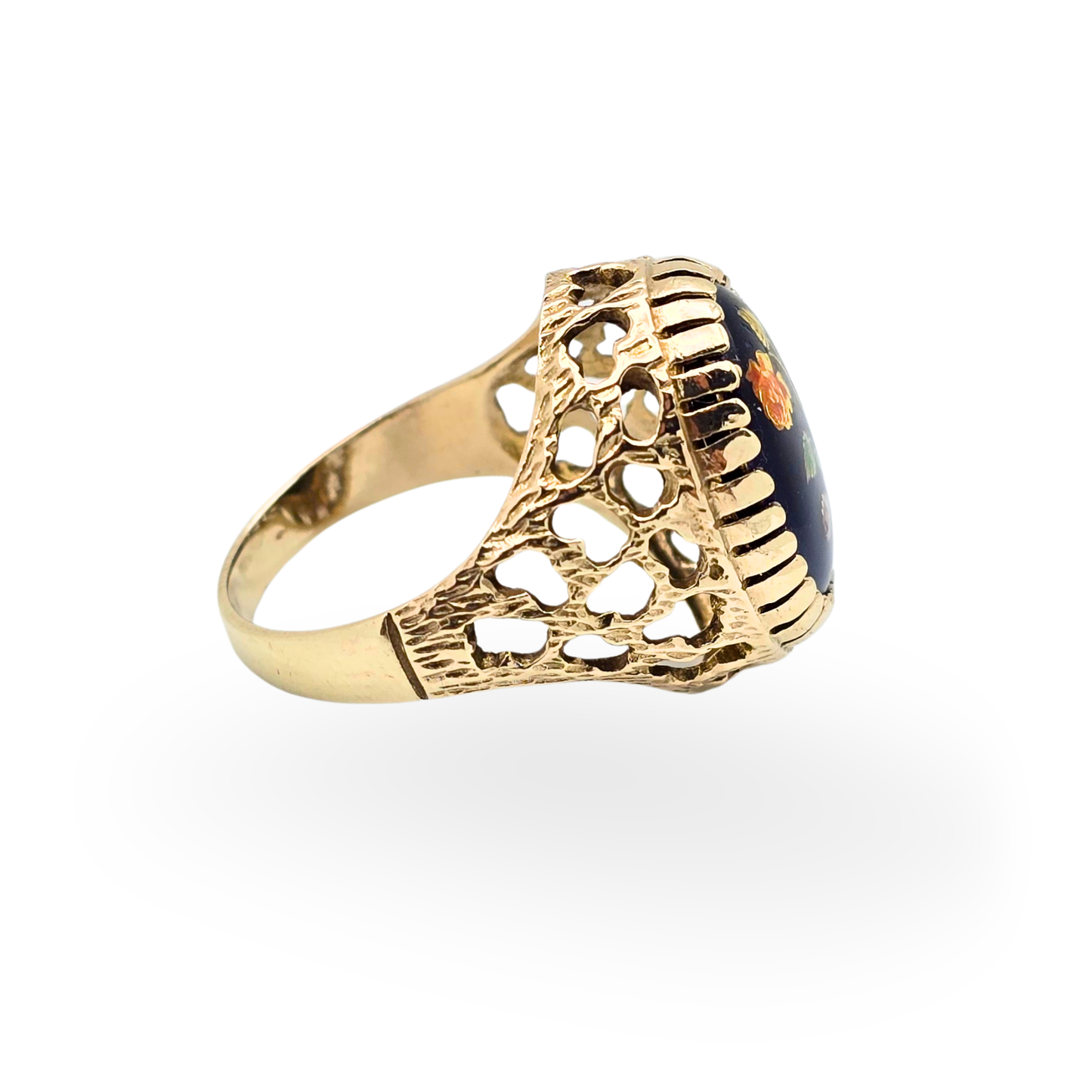 9ct Gold Cobalt Blue Floral Motif Enamel Ring, Size UK N 1/2 US 6 3/4