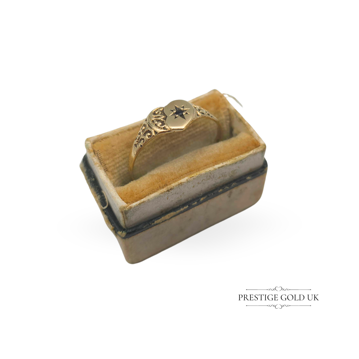 Vintage 9ct Gold Sapphire Heart Ring, Ornate Engraved Shoulders