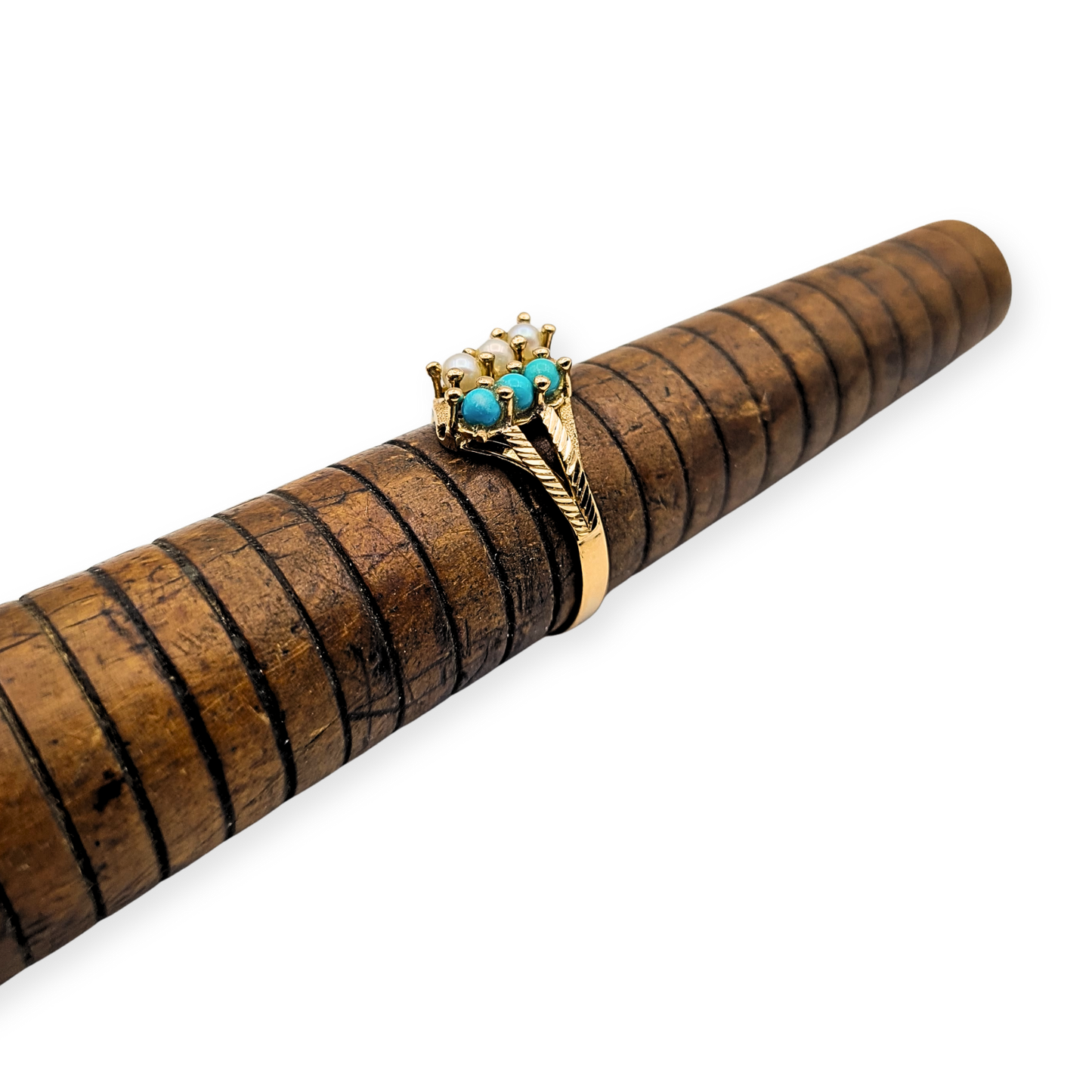 18ct Gold Turquoise 3 Row Ring, Pearl Design, UK M US 6 1/4