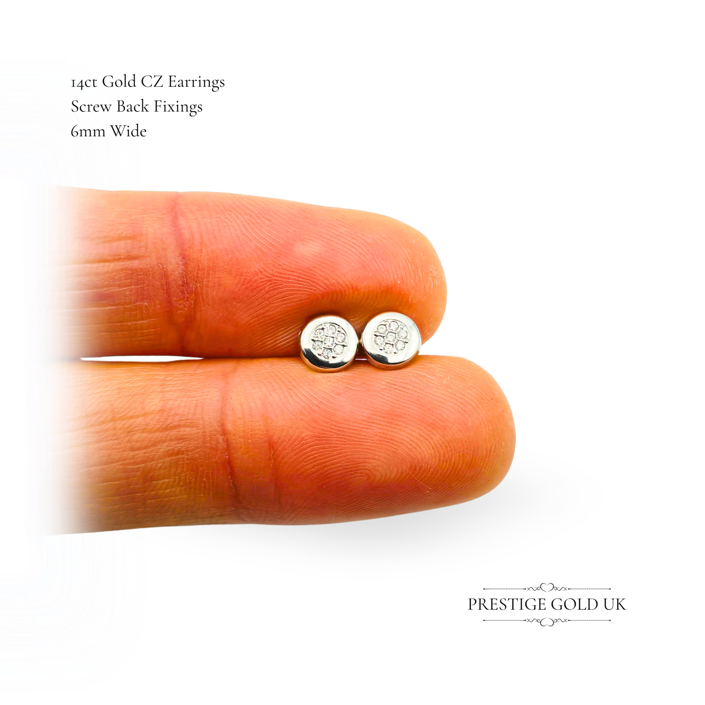 14ct White Gold Round Stud Earrings, CZ Centre, 6mm Wide, Screw Backs