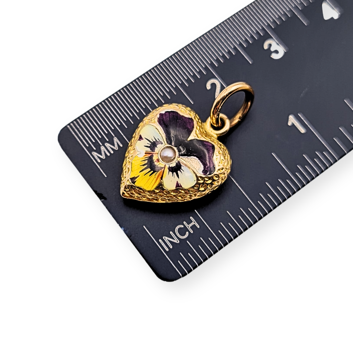 Tiny 9ct Gold Enamel Heart Pendant, Pansy & Pearl Gift