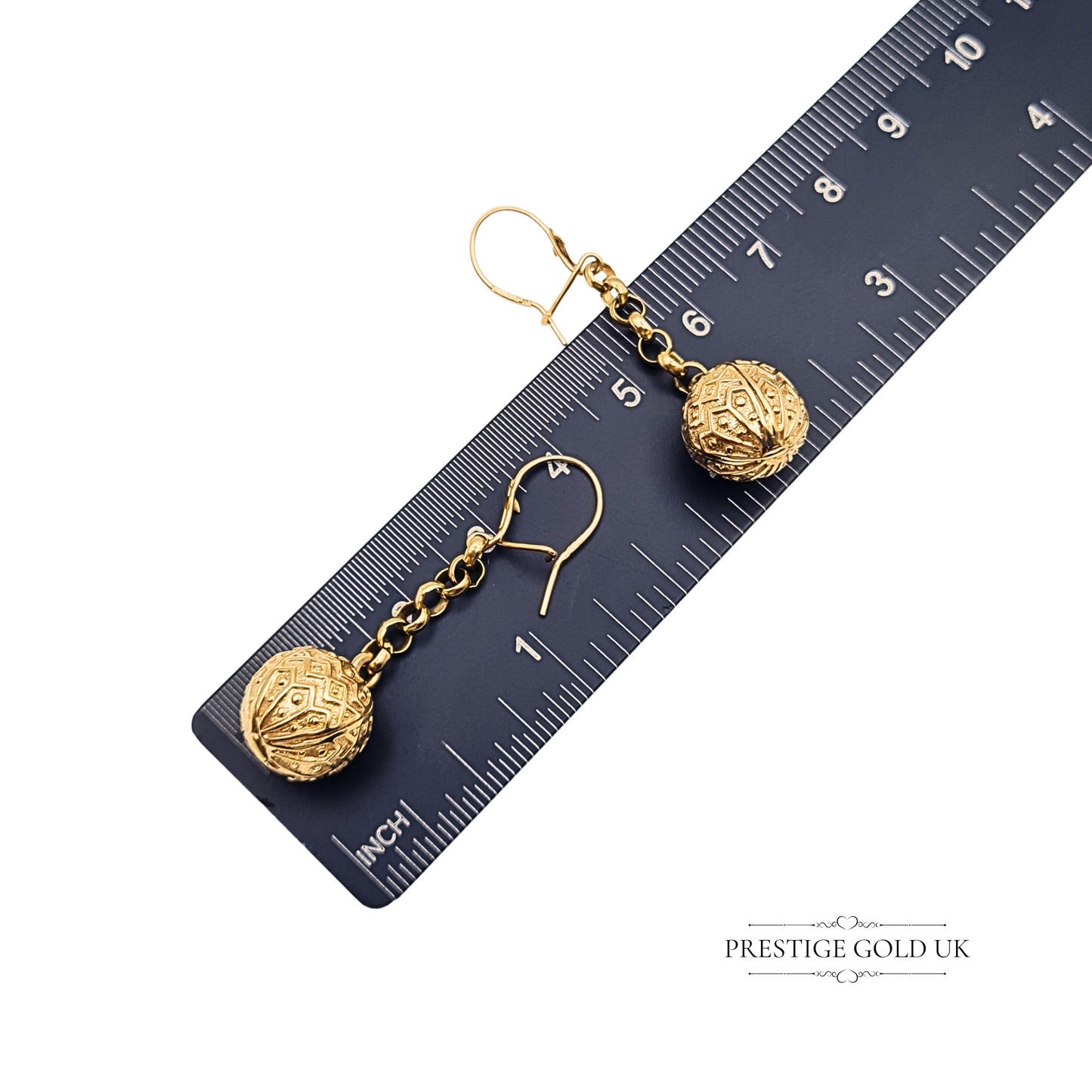 9ct Gold Textured Drop Ball Earrings Unique Ladies Dangle Earrings 44mm long