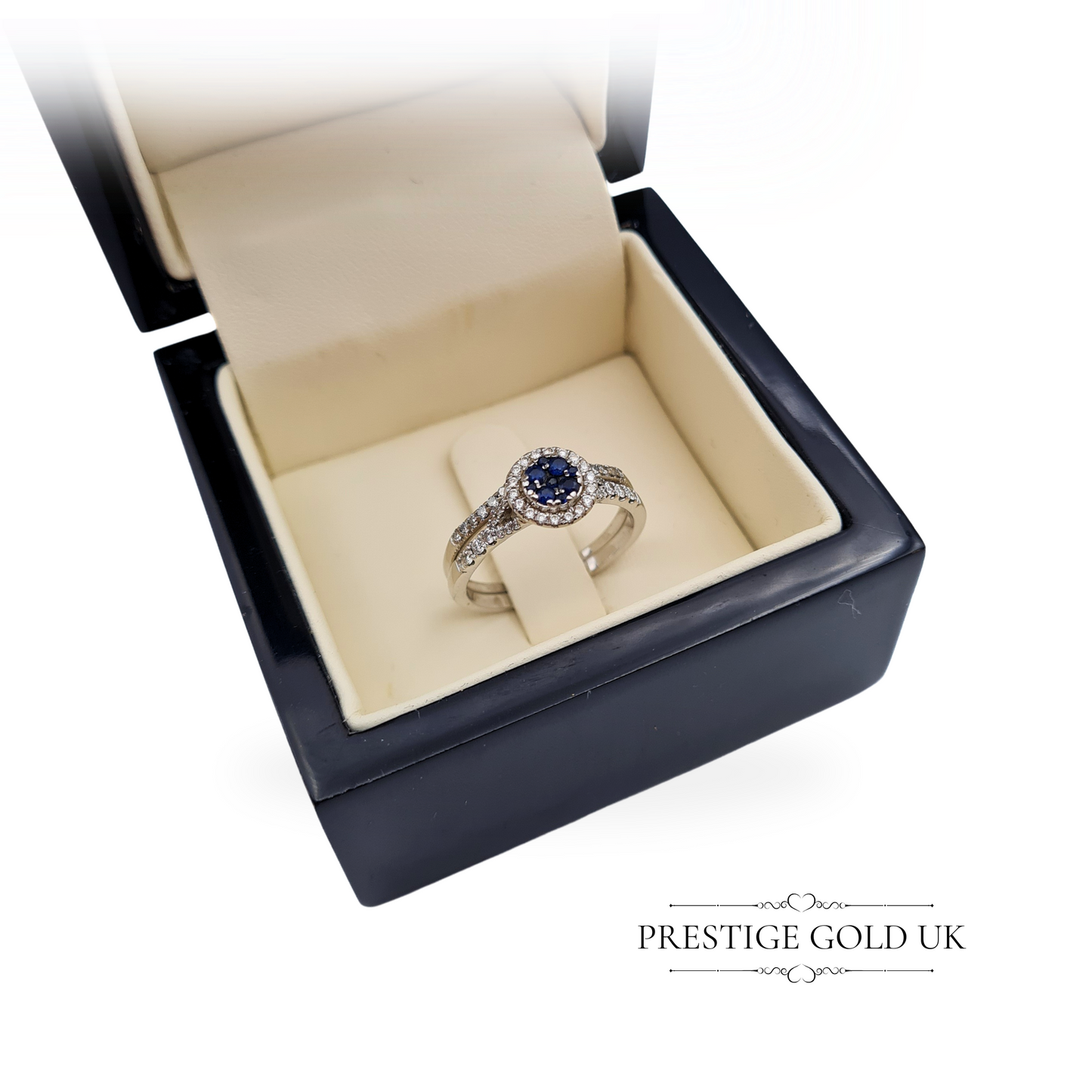 18ct White Gold Sapphire and Diamond Halo Engagement Ring & Wedding Band Set