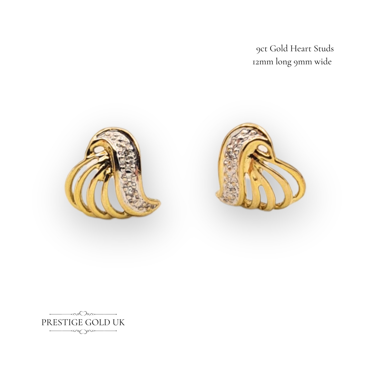9ct Gold Heart Stud Earrings, Vintage Moissanite Detail White & Yellow Gold