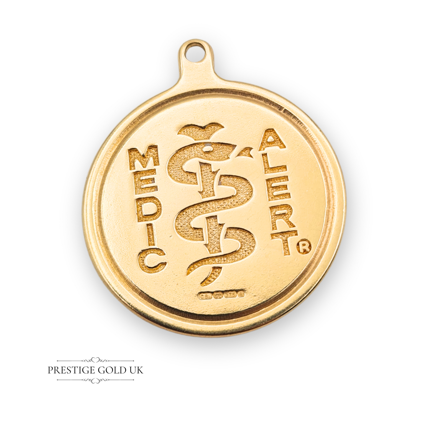 Circular Medic Alert pendant in solid 9ct gold with crisp medical ID symbol, polished finish, 30mm diameter, Sheffield hallmark, wearable emergency health jewellery