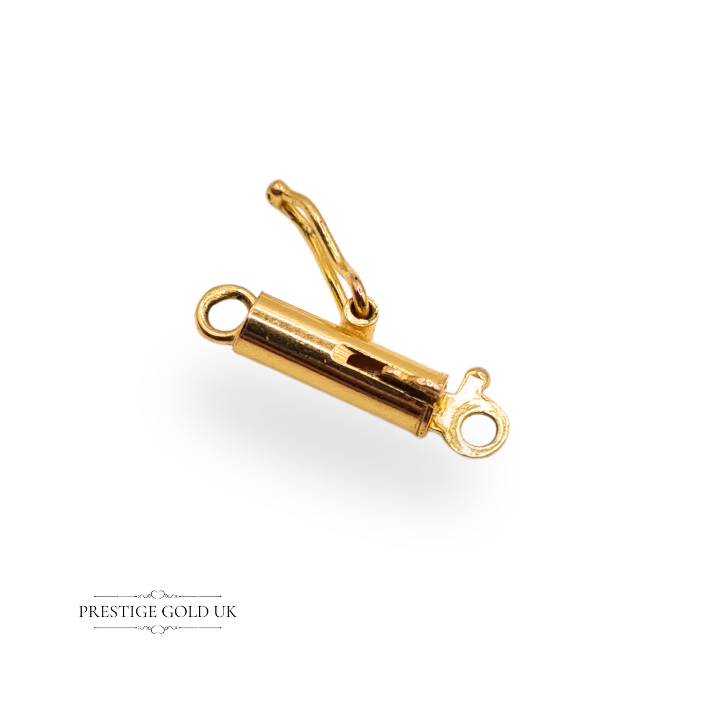 Petite antique 9ct yellow gold barrel clasp, 10mm x 5mm, with 375 stamp and inner arm locking mechanism, ideal for securing fine necklaces or bracelets; tube-style fastener, weighing 0.55g.