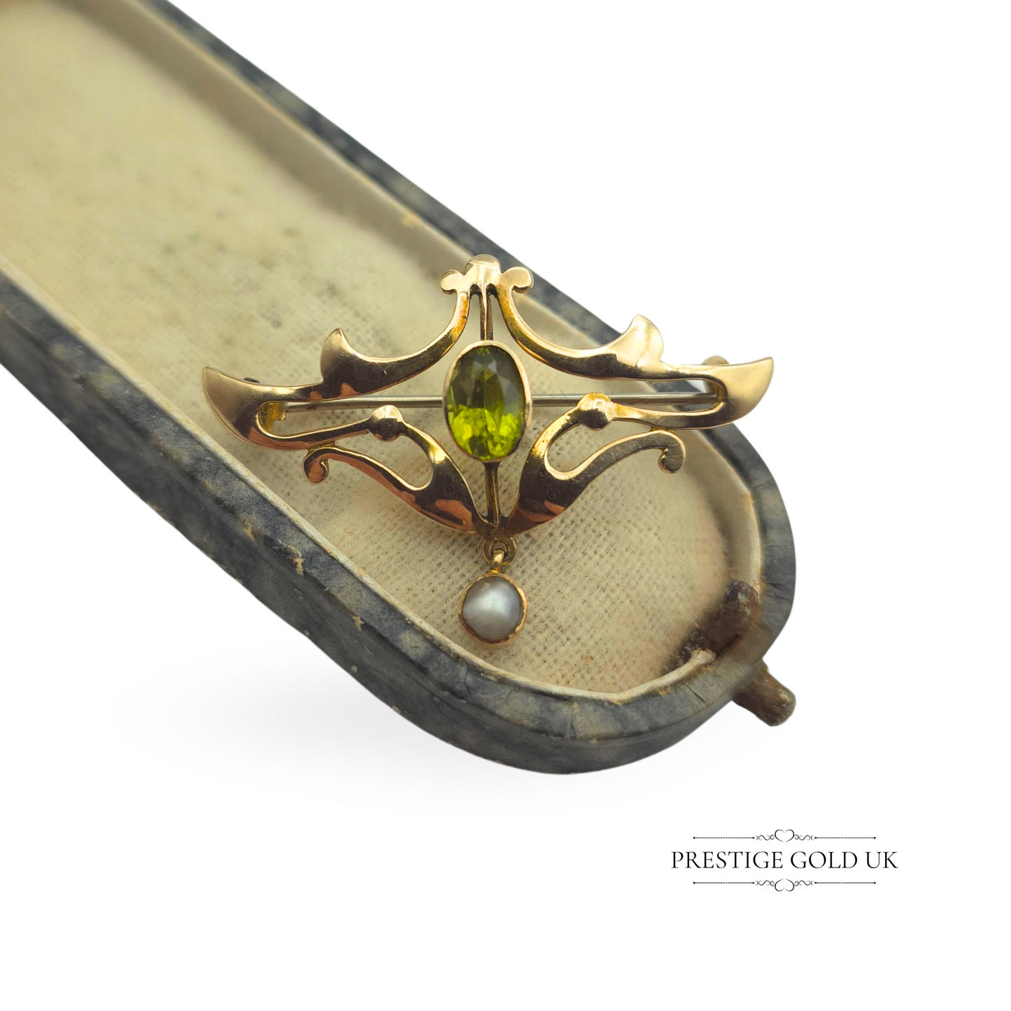 Antique 9ct Gold Art Nouveau Peridot & Pearl Brooch