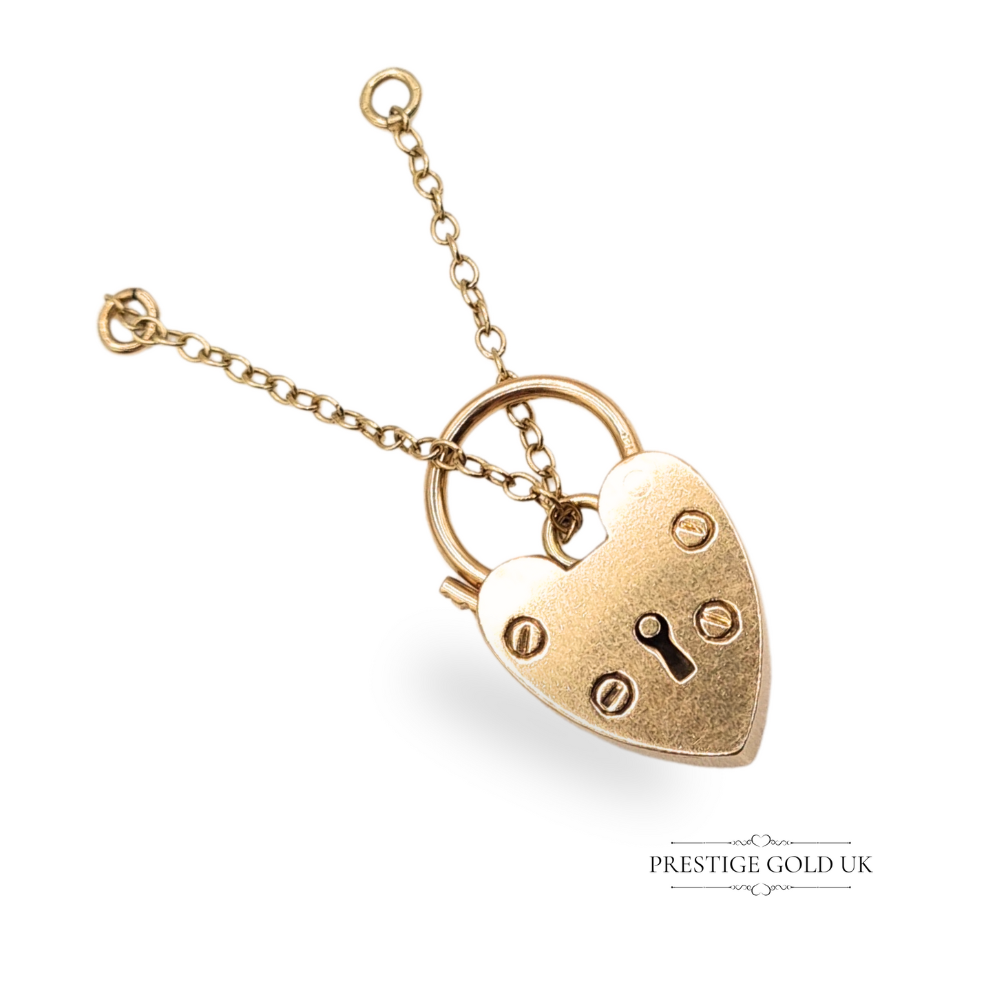 9ct Gold Heart Padlock Charm 1991 PJ Birmingham with 60mm Safety Chain