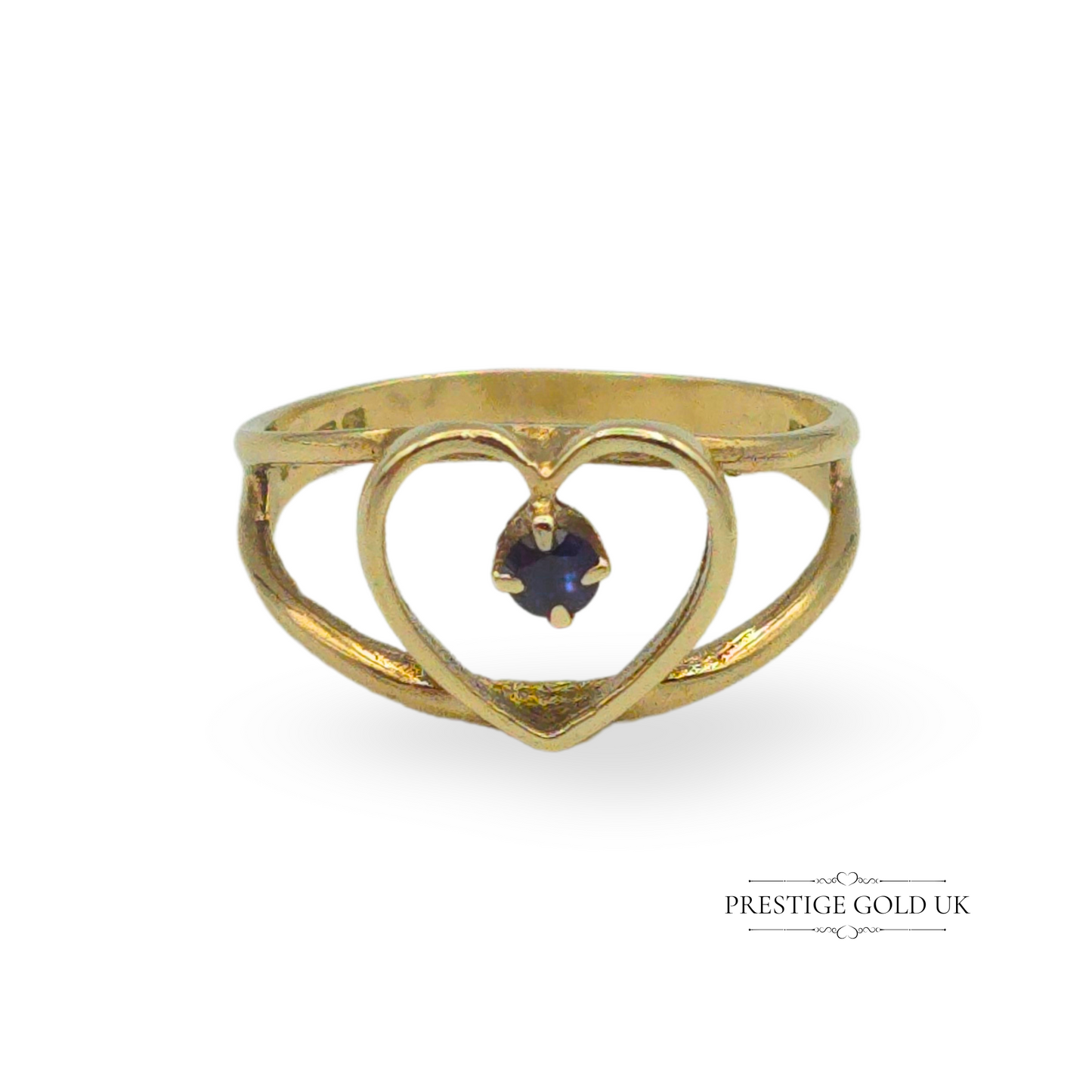 9ct Gold Sapphire Heart Ring, UK N / US 6.75, Blue Sapphire in Open Heart Design