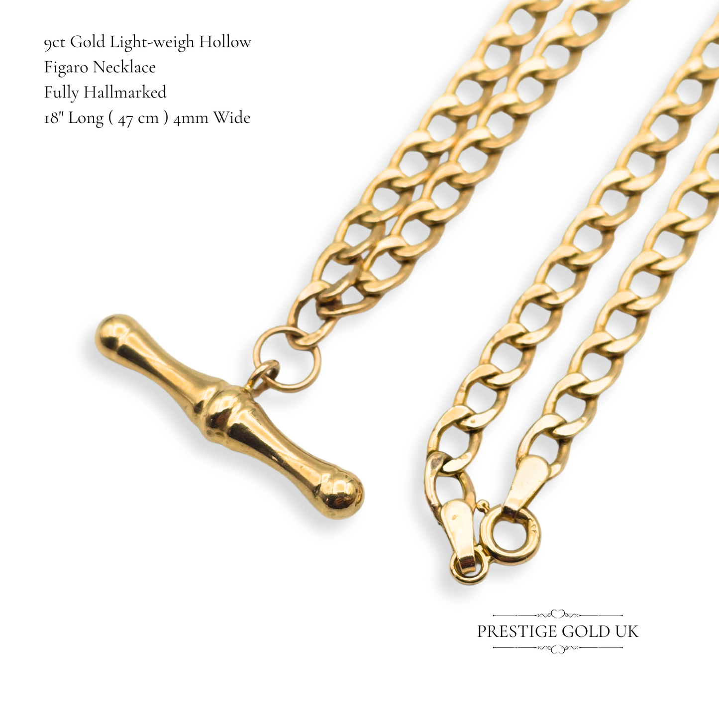 18" 9ct Gold Vintage T-Bar Figaro Necklace, Lightweight Hollow Design
