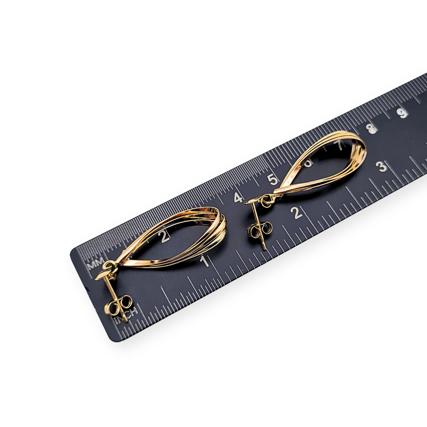 9ct Gold Tri Colour Twist Drop Earrings 37mm Fully Hallmarked