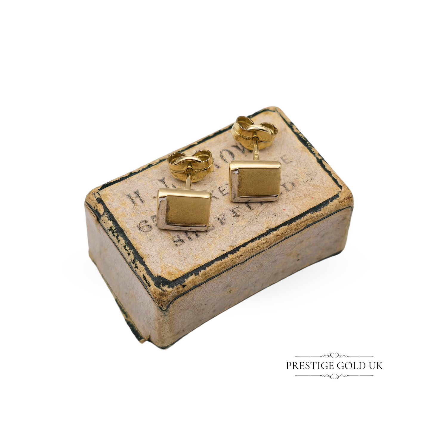 9ct Two-Tone Gold Square Stud Earrings, Yellow & White Gold, Geometric Design