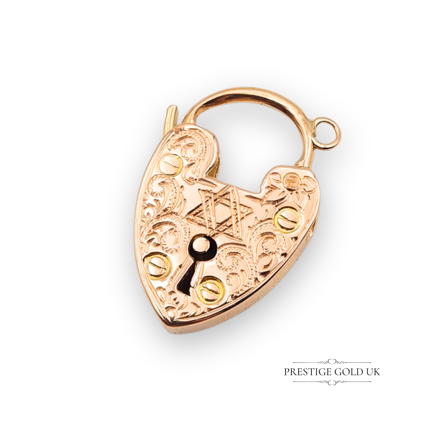 Antique 9ct rose gold heart padlock pendant engraved with a Star of David, featuring warm rose tones, symbolic detail, and traditional clasp, circa early 20th century.