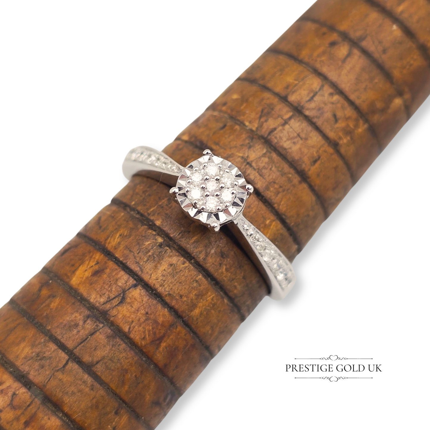9ct White Gold Diamond Engagement Ring, illusion Set Diamonds UK M - US 6 1/4