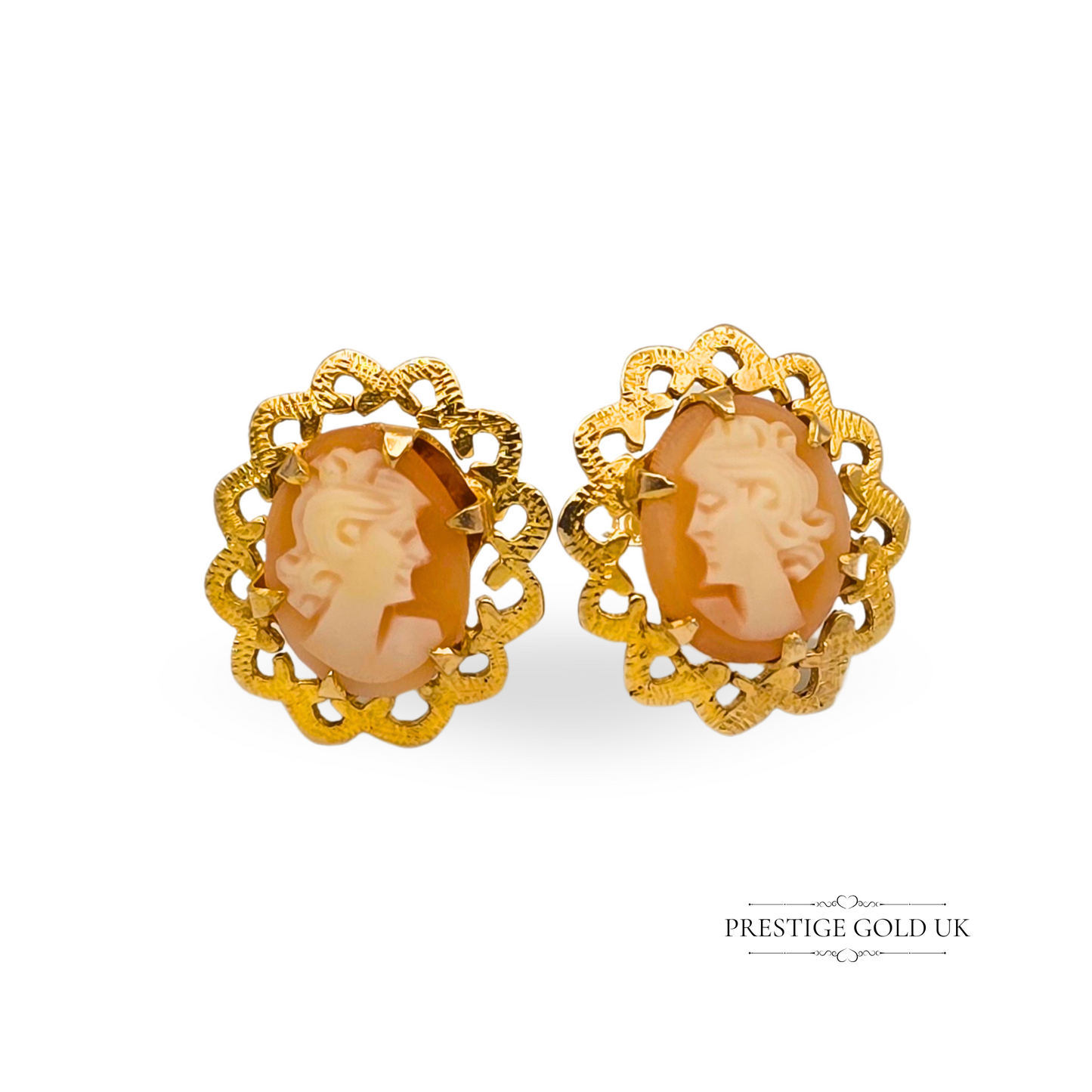 9ct Gold Oval Cameo Earrings, 1989 Birmingham Hallmark, Ornate Oval Shell Studs