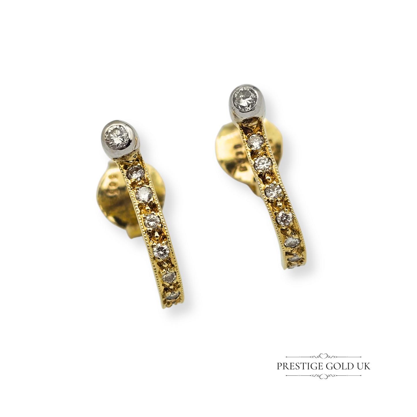 14ct Gold Diamond Half Hoop Earrings, J Shape Design with White Gold Detail